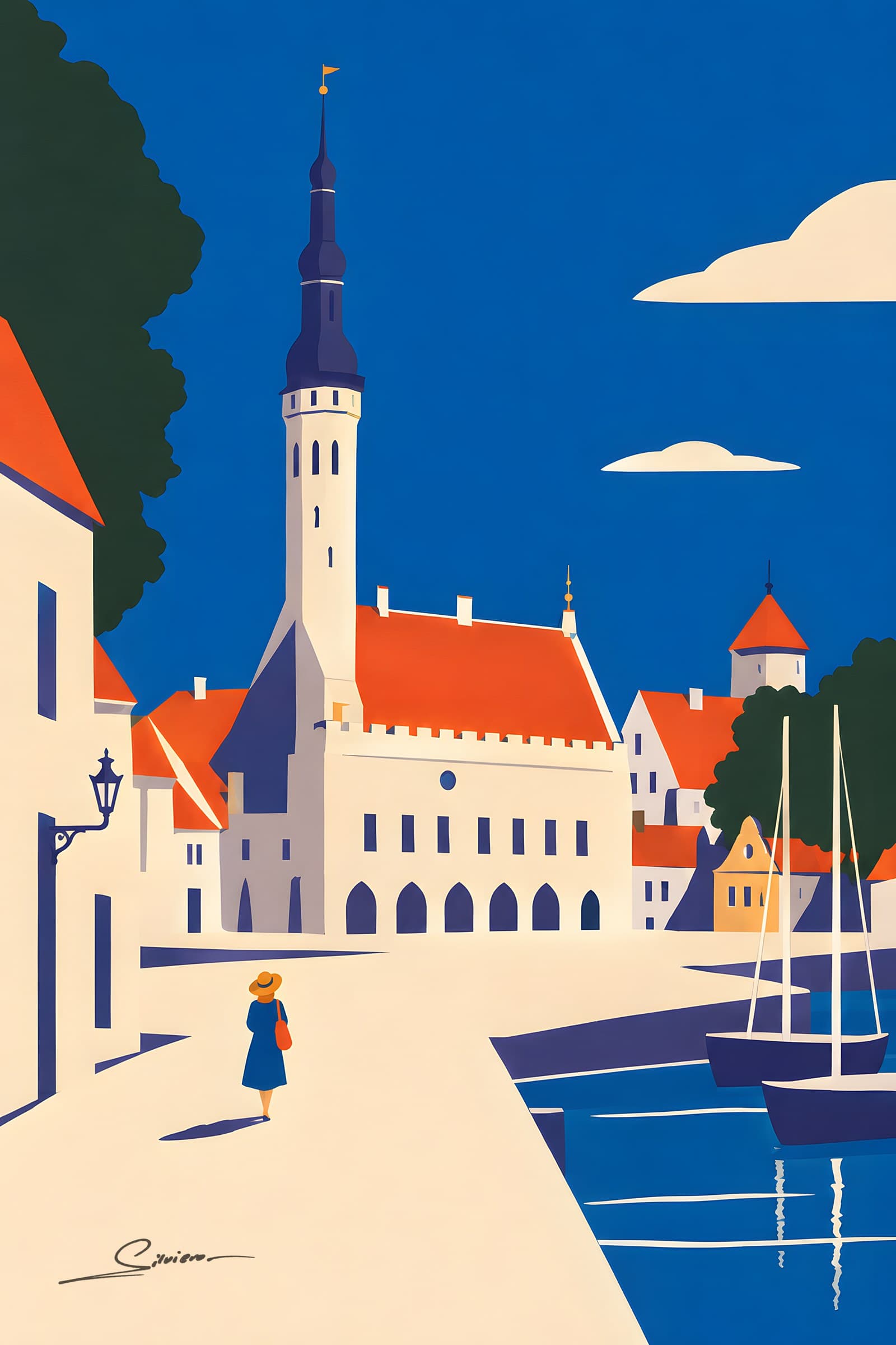 A flat painting of the old town square of Tallinn with the gothic town hall and its tall spire, red roofs, a big blue sky and a figure crossing the empty square