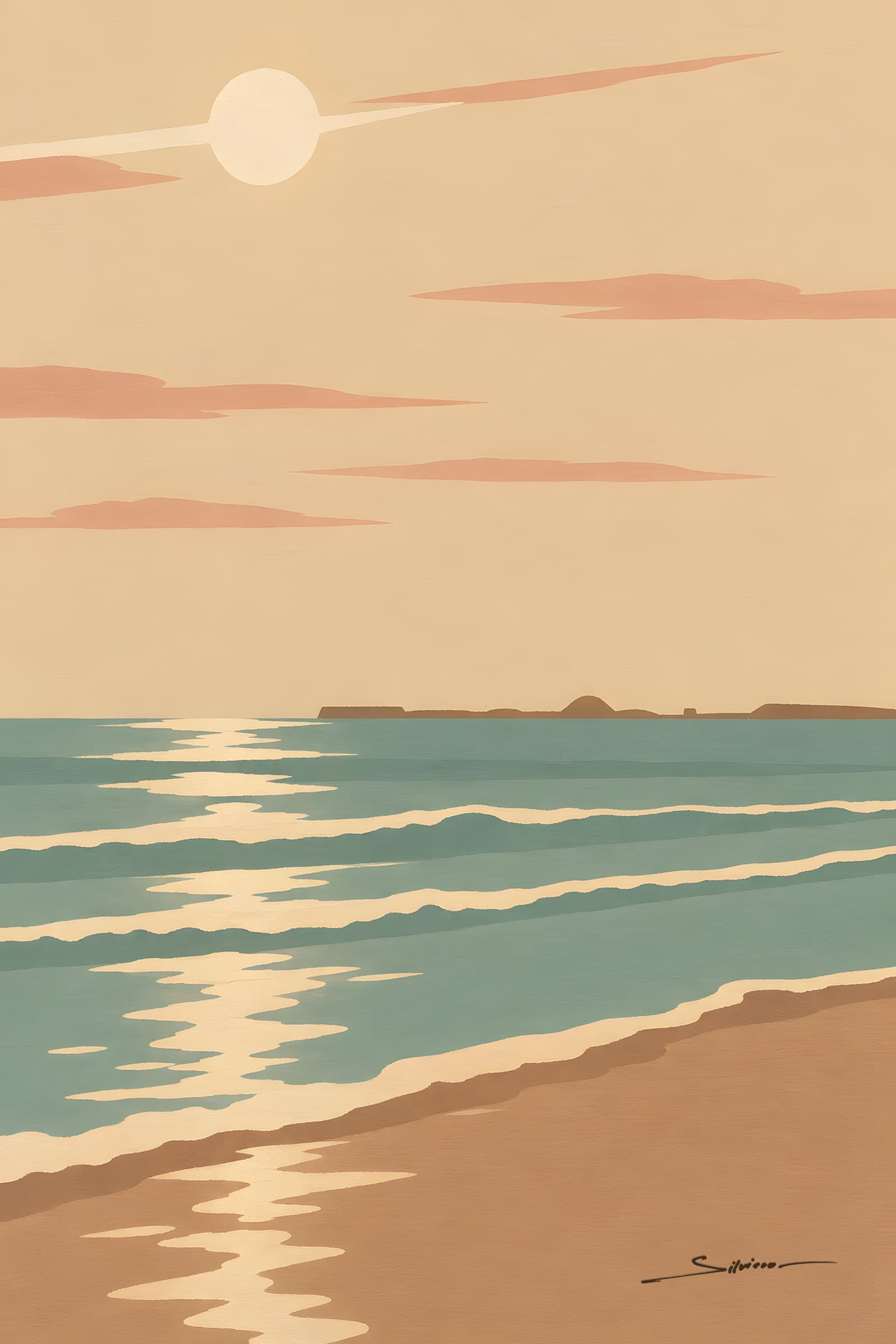 A flat painting in sand and sea-green of a pale sun over a calm sea, a long path of light on the water and a quiet beach