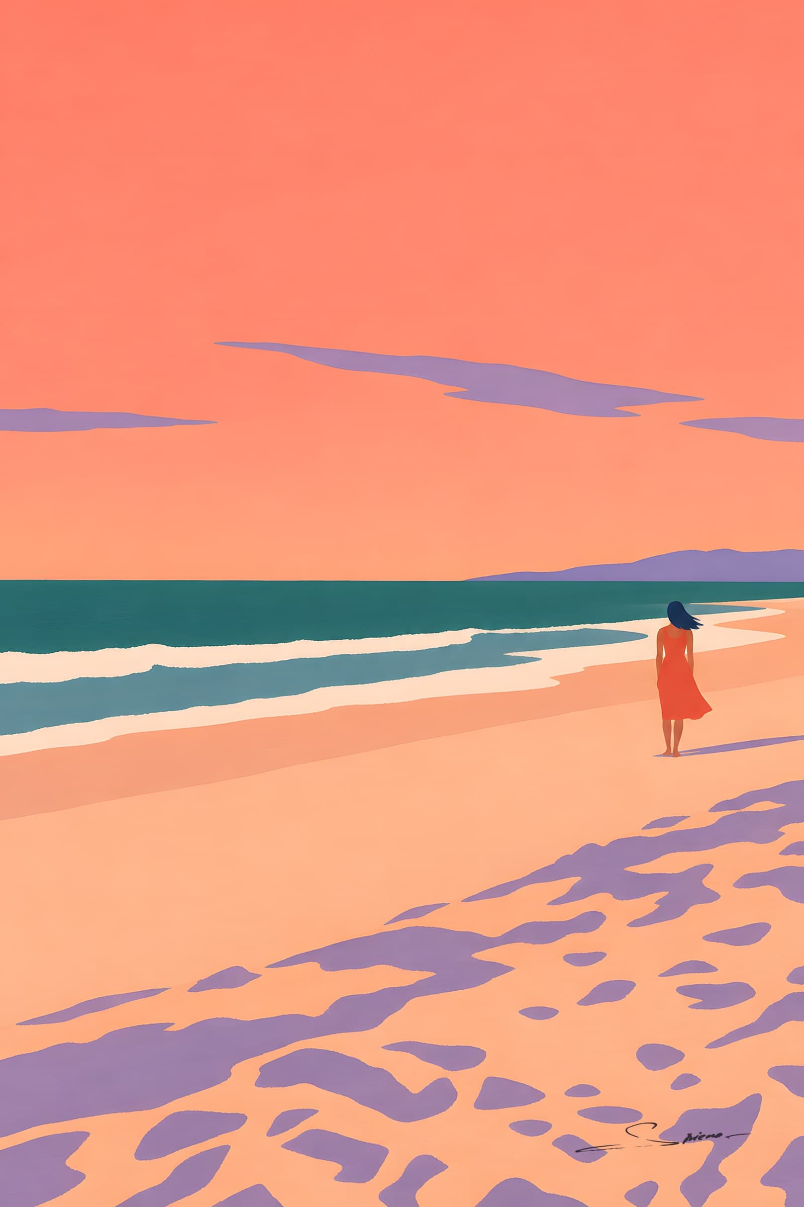 A flat painting of a long beach under a coral evening sky, lilac shadows on the sand and a woman in a red dress walking along the edge of the water
