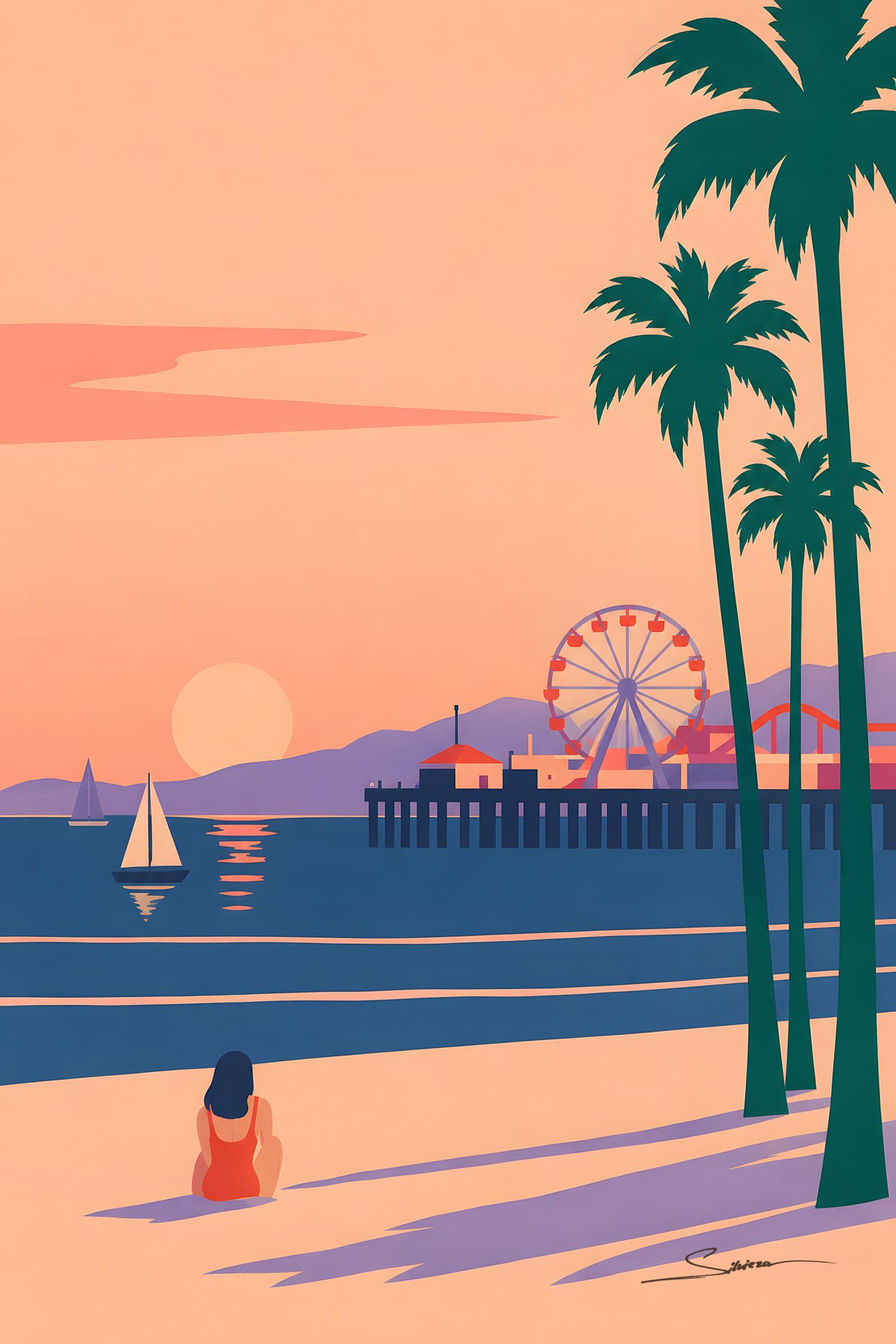 A flat painting of a pier with a Ferris wheel under a peach sunset over the Pacific, tall palms and a woman sitting on the sand