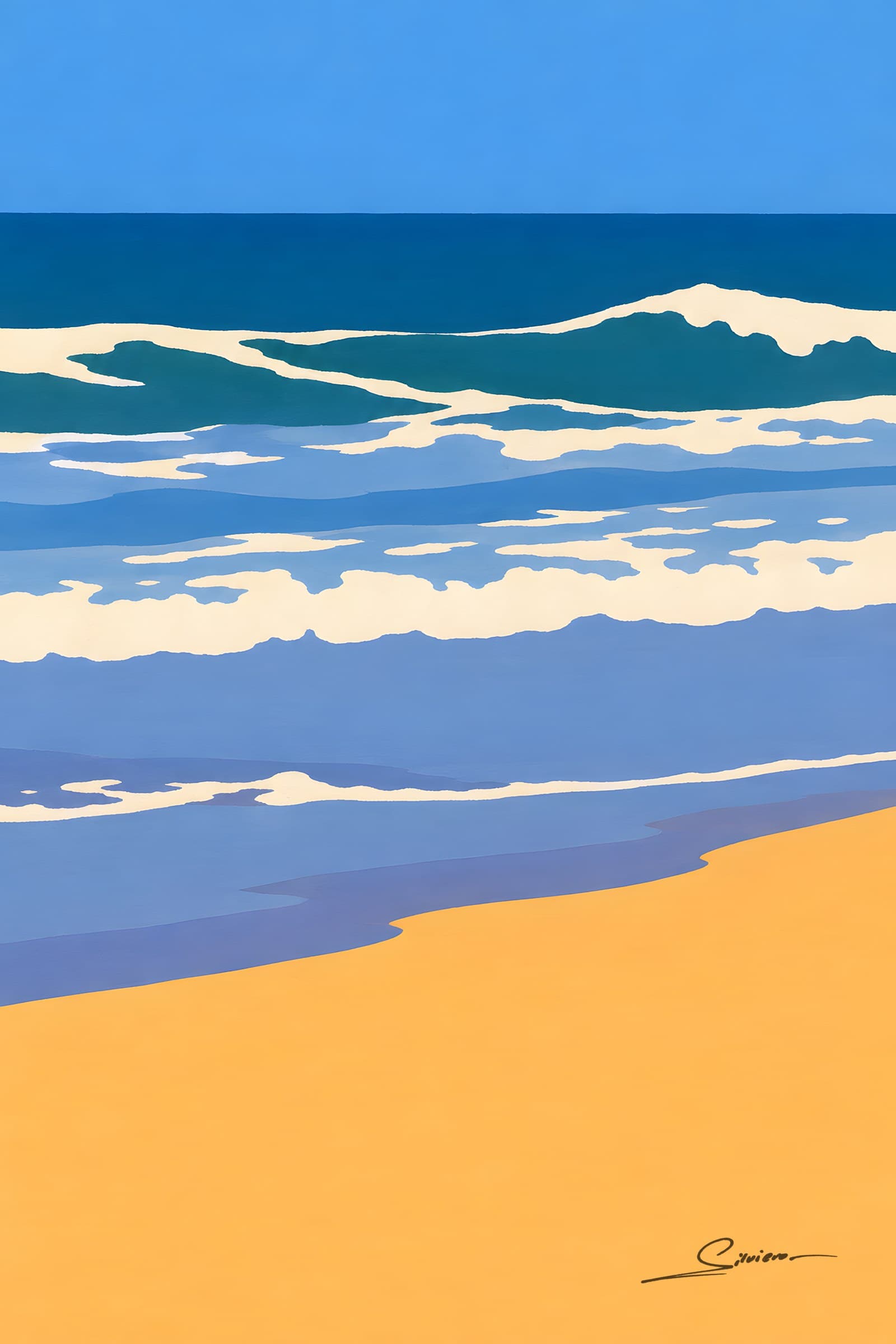 A flat painting of blue waves with white foam rolling onto a yellow beach under a clear blue sky