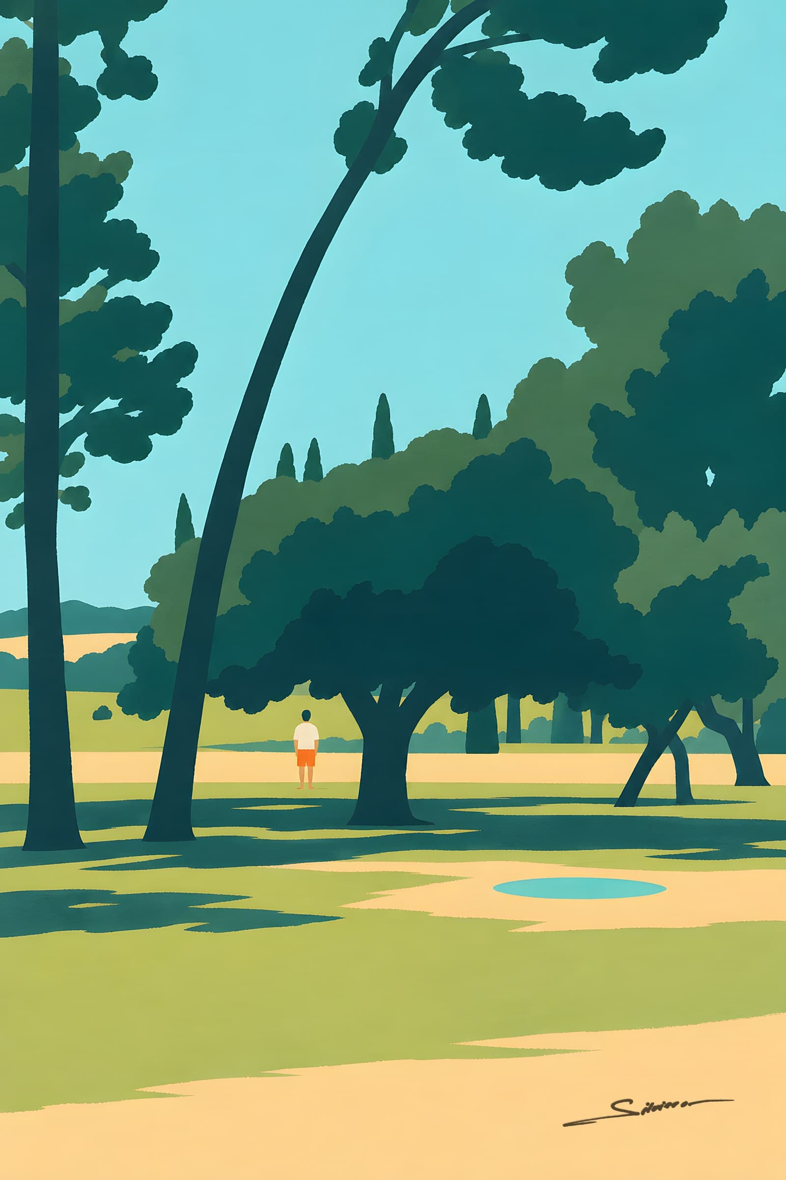 A flat painting of a sunny park lawn under a turquoise sky, a tall pine leaning across the picture, dark round trees and a small figure in the shade