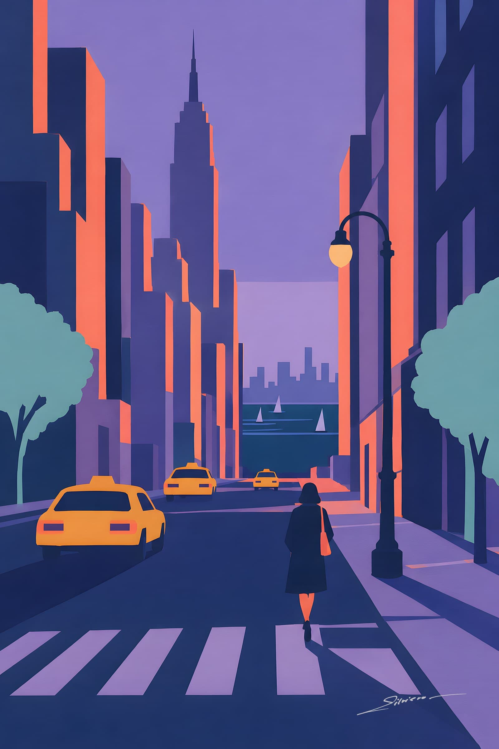 A flat painting of a Manhattan avenue at dusk in lavender and violet, yellow taxis, tall buildings, a lit street lamp and a woman crossing the zebra crossing
