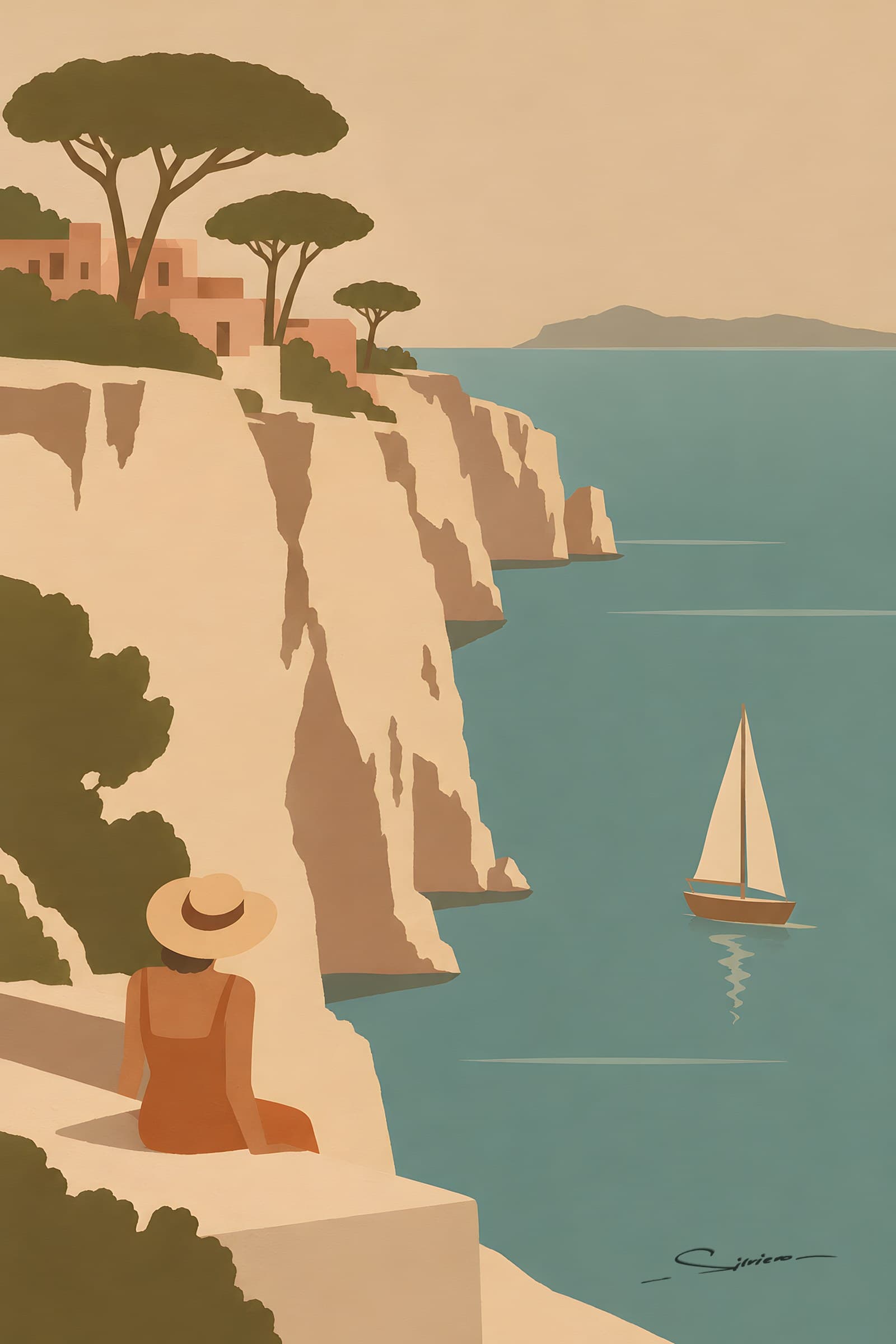 A flat painting in sand and sage of pale limestone cliffs over a calm sea, umbrella pines on top, a woman in a wide hat sitting at the edge watching one small sailboat