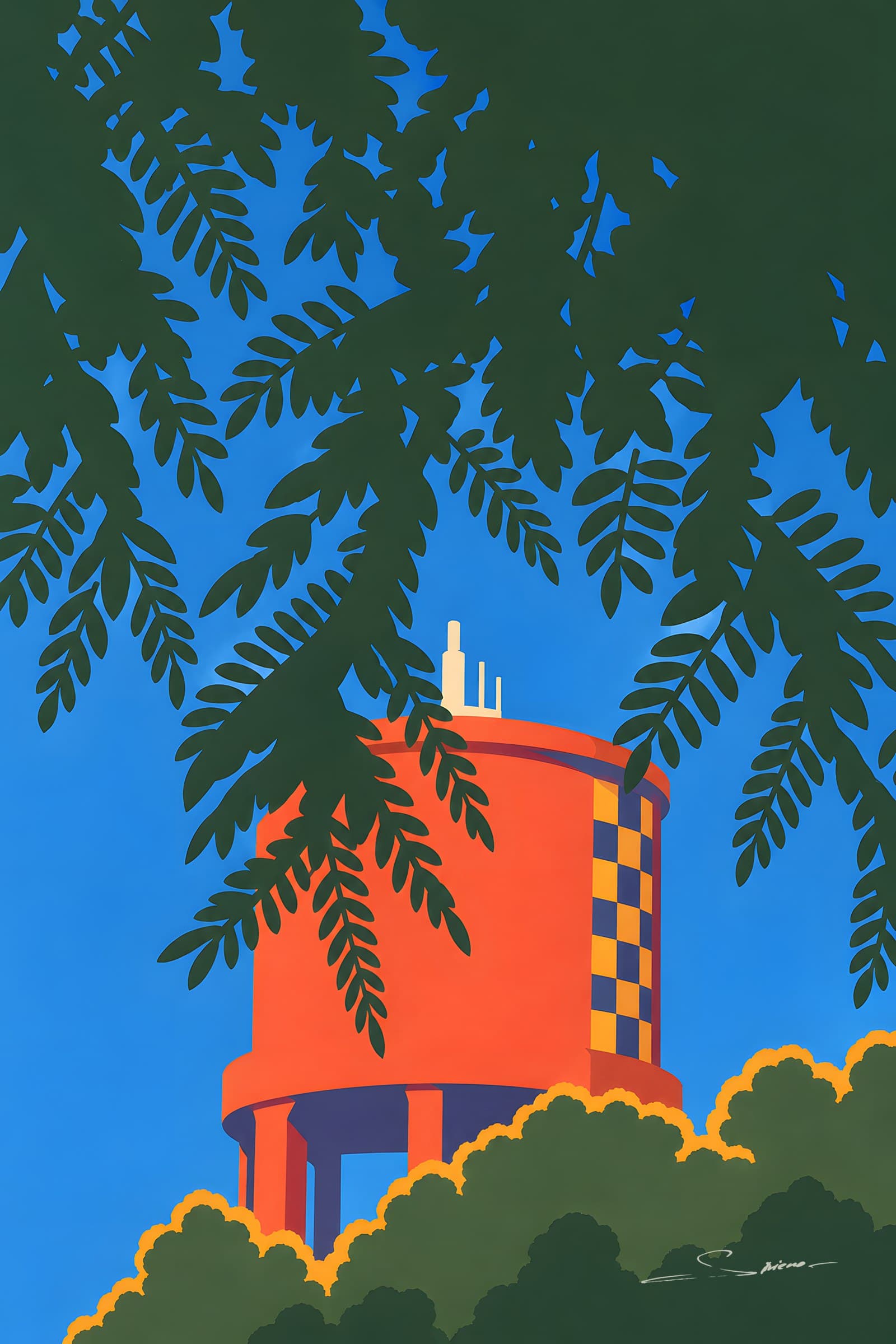 A flat painting of a red water tower with a chequered band, glimpsed through dark green leaves against a deep blue sky