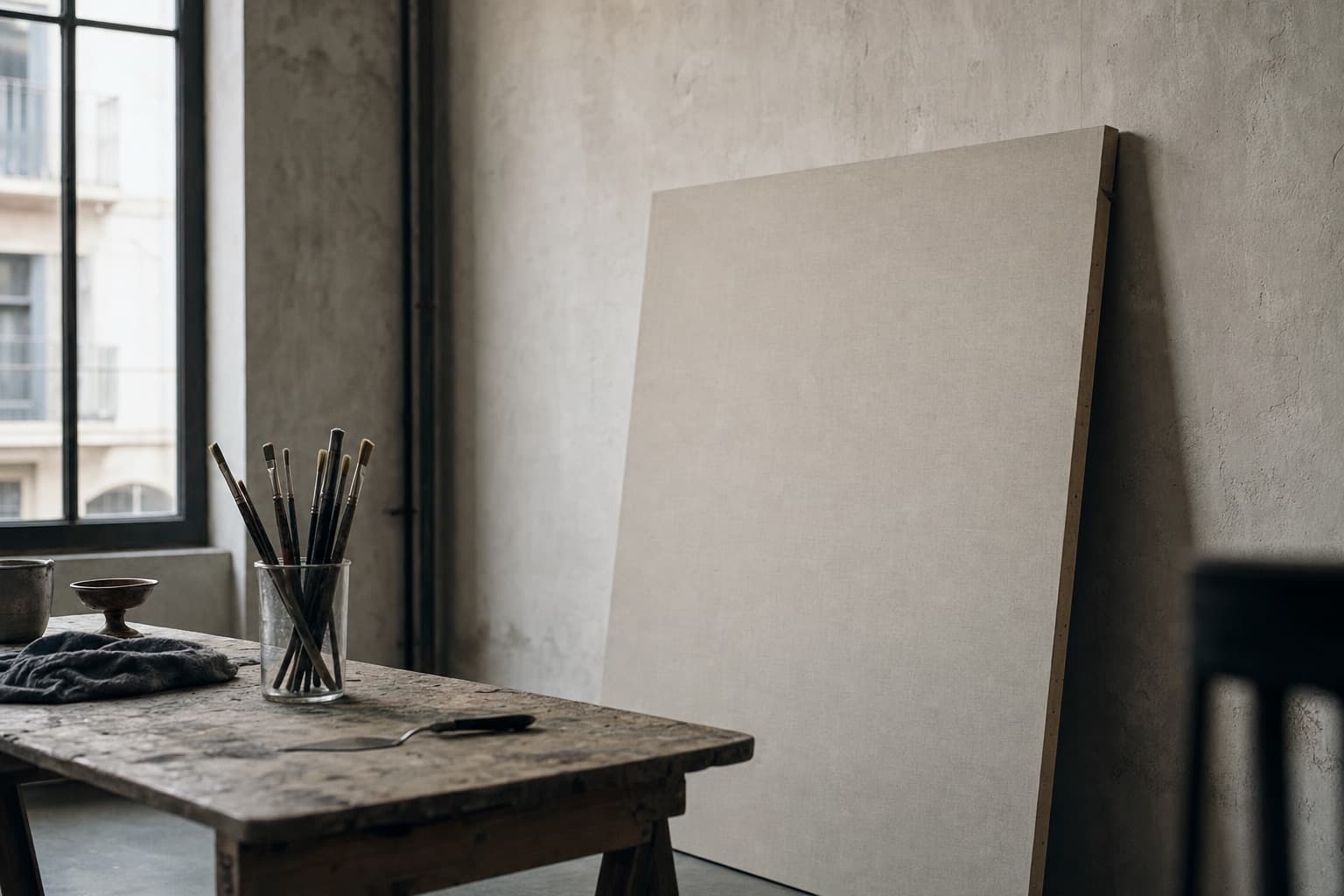 The studio in Valencia: an unpainted linen canvas against a plaster wall, brushes on a worn table