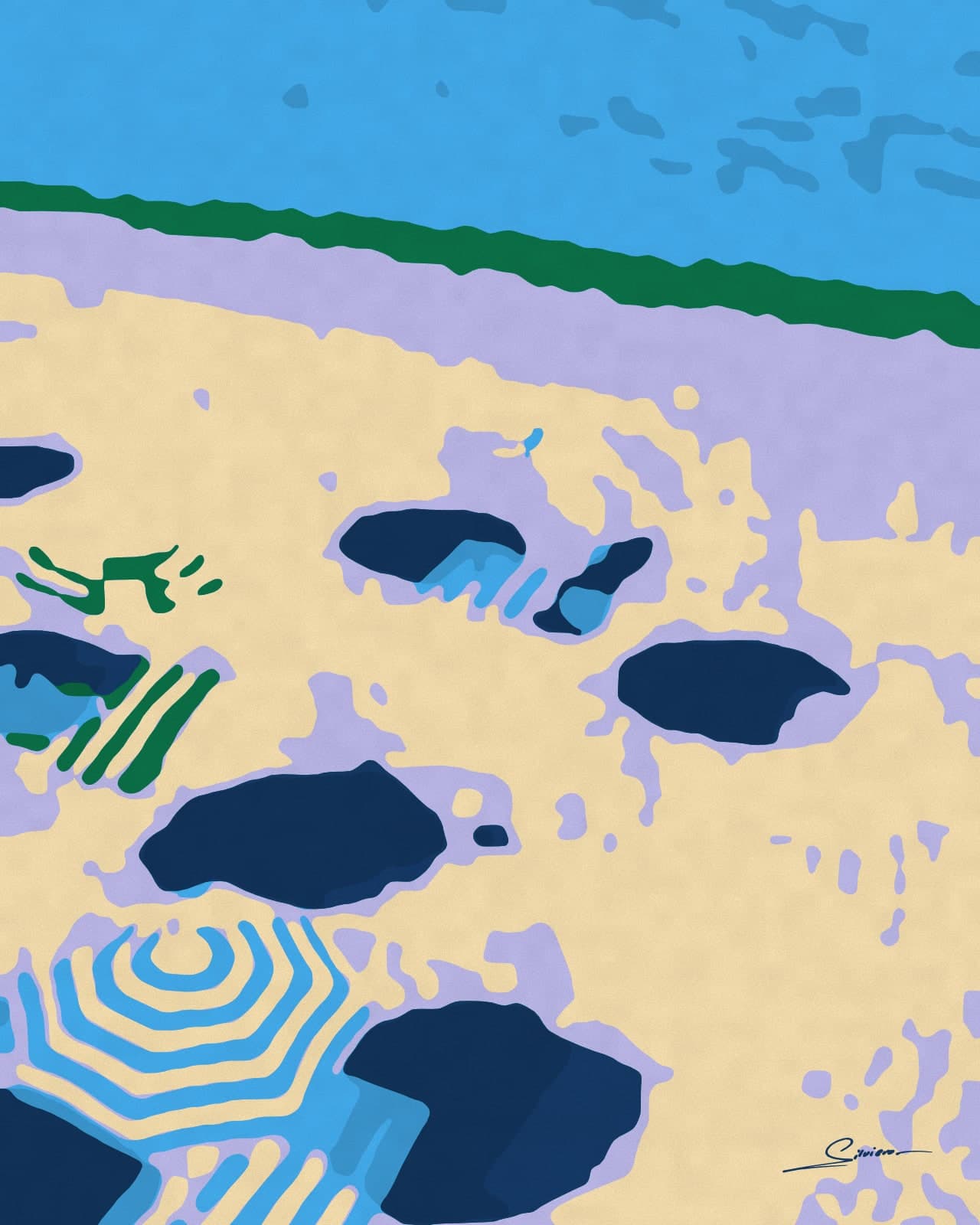 Painting of striped beach umbrellas seen from above