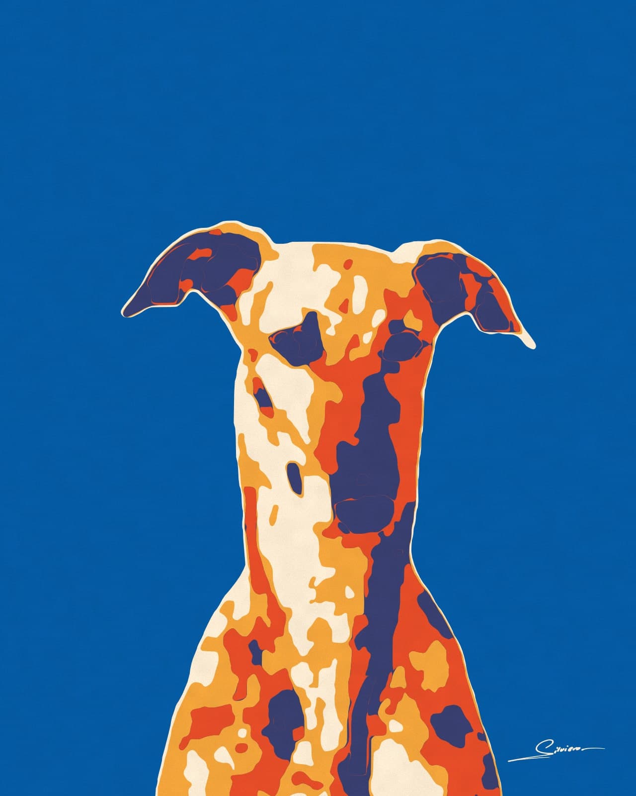 Painting of a Spanish galgo greyhound in flat colour fields