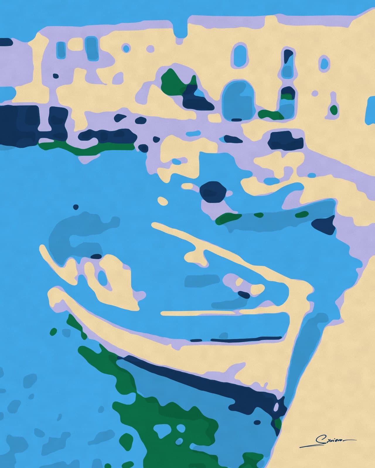 Painting of fishing boats in a Mediterranean harbour