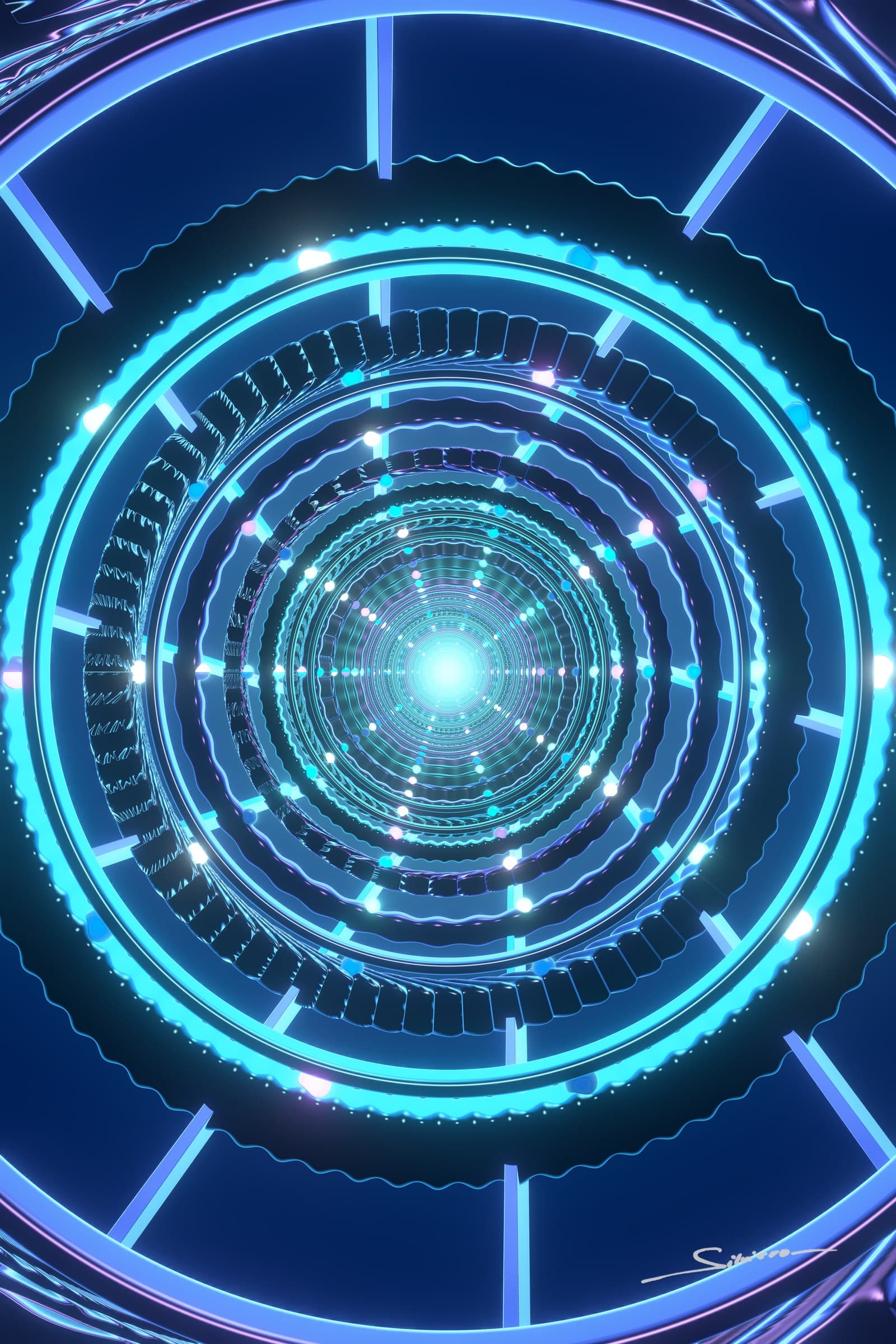 Clockwork Heaven, from the Infinito series by George Silviero: a symmetrical view into a glowing center, in ice blue, cyan and lilac.