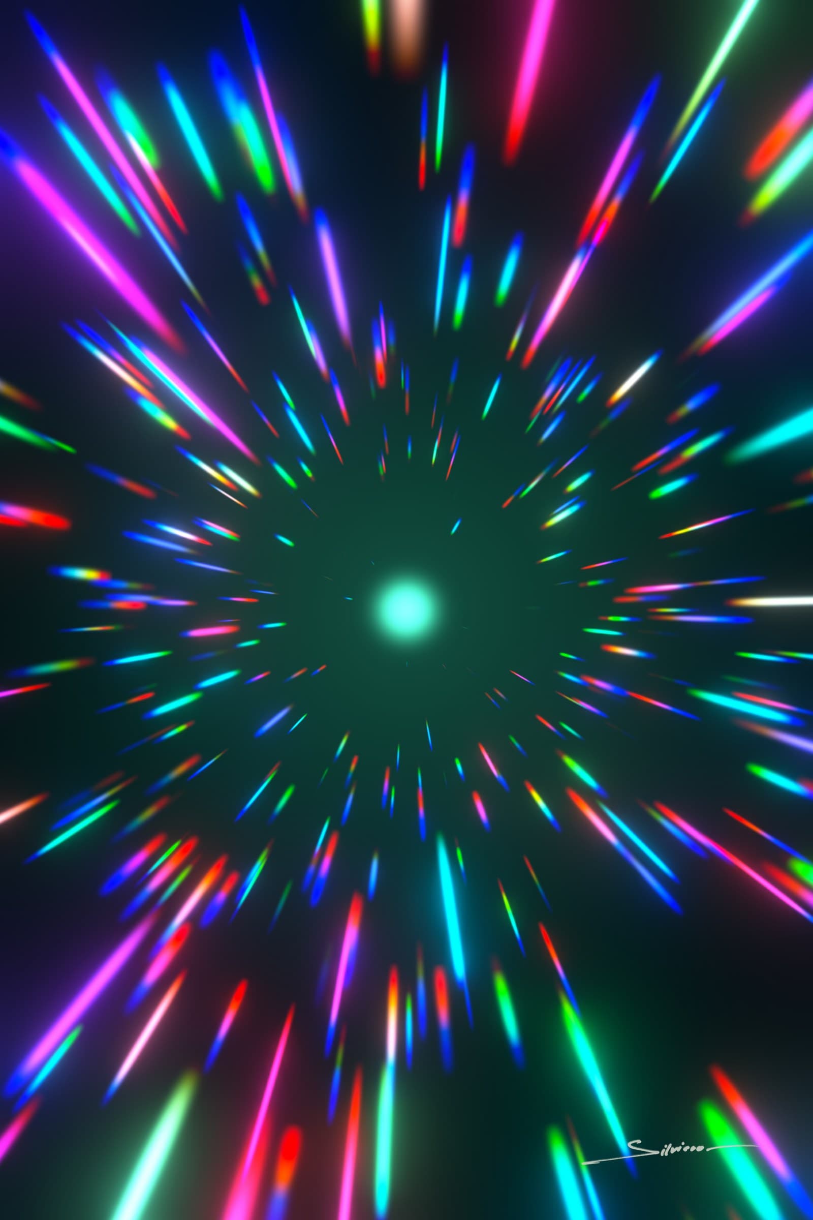 Comet Rain, from the Infinito series by George Silviero: a symmetrical view into a glowing center, in emerald green, cyan and violet.
