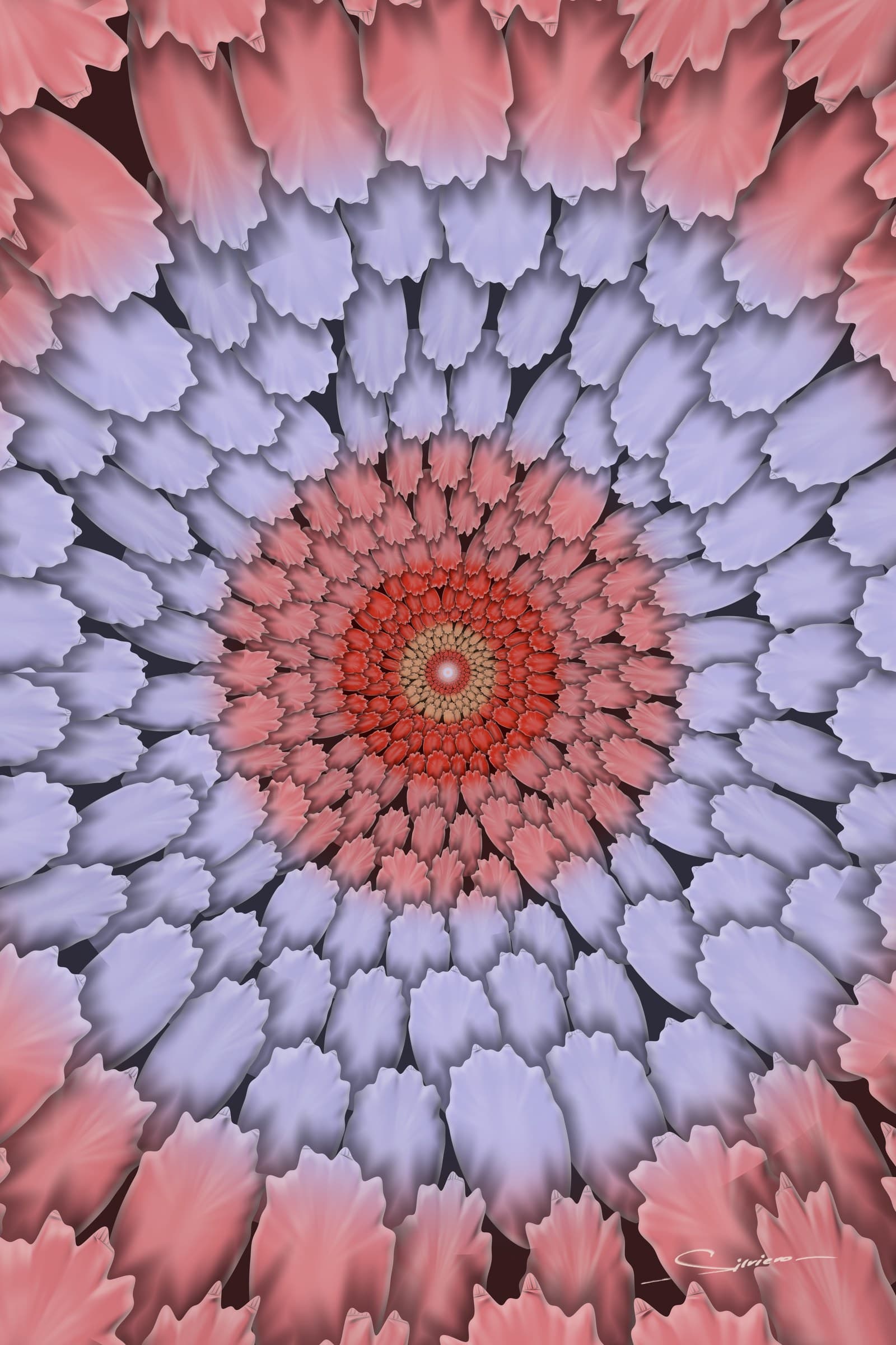 Falling Into a Flower, from the Infinito series by George Silviero: a symmetrical view into a glowing center, in red, cream, sky blue and navy.