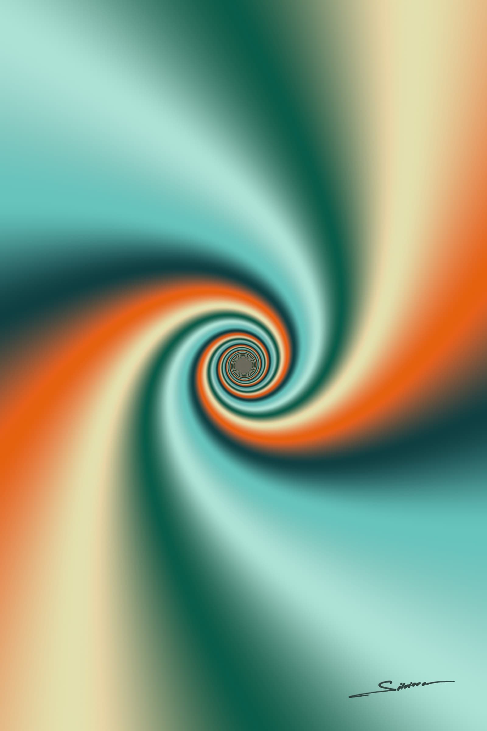 Hypnosis, from the Infinito series by George Silviero: a symmetrical view into a glowing center, in sand, orange and turquoise.