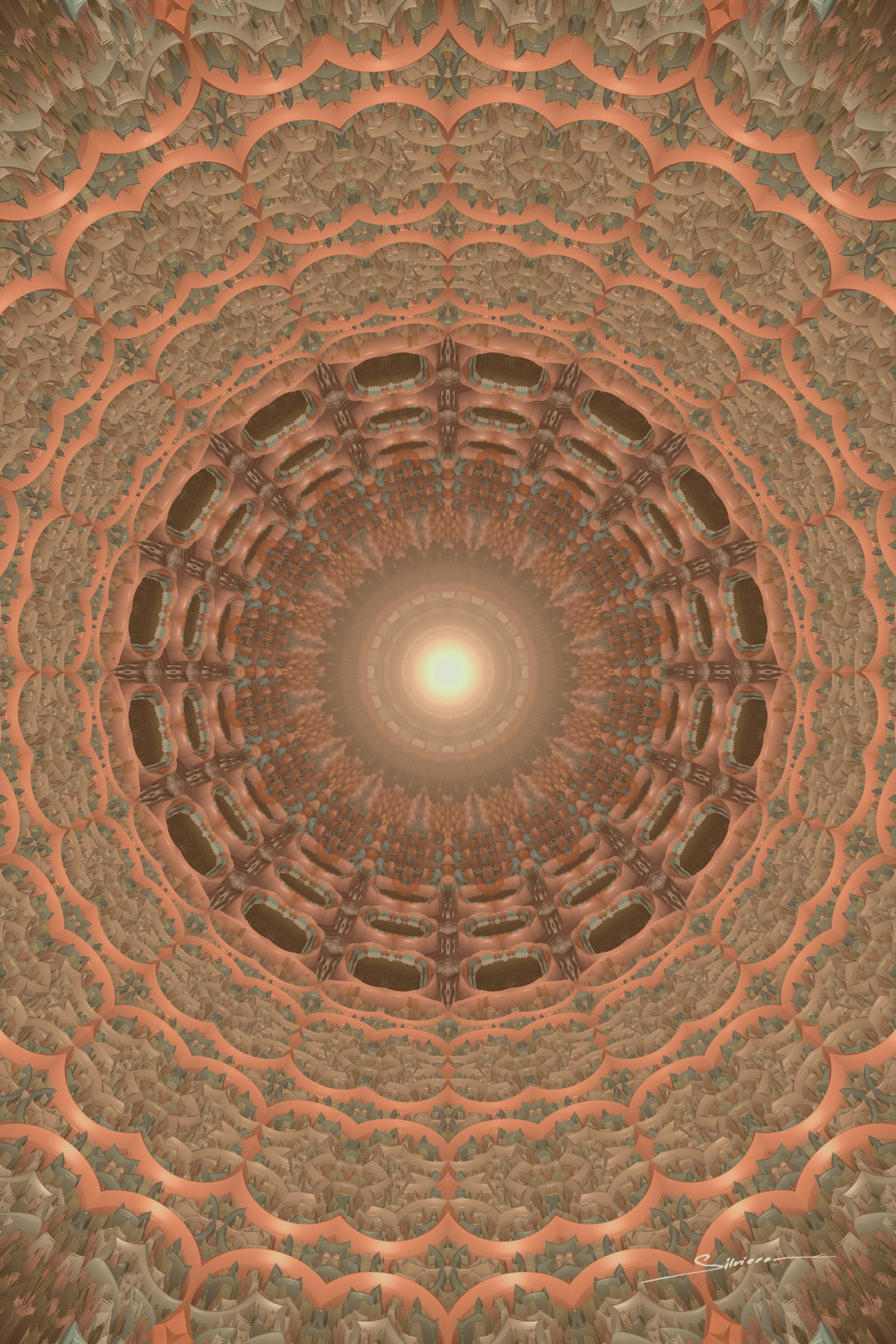 Light at the End, from the Infinito series by George Silviero: a symmetrical view into a glowing center, in cream, adobe pink, terracotta and pool green.