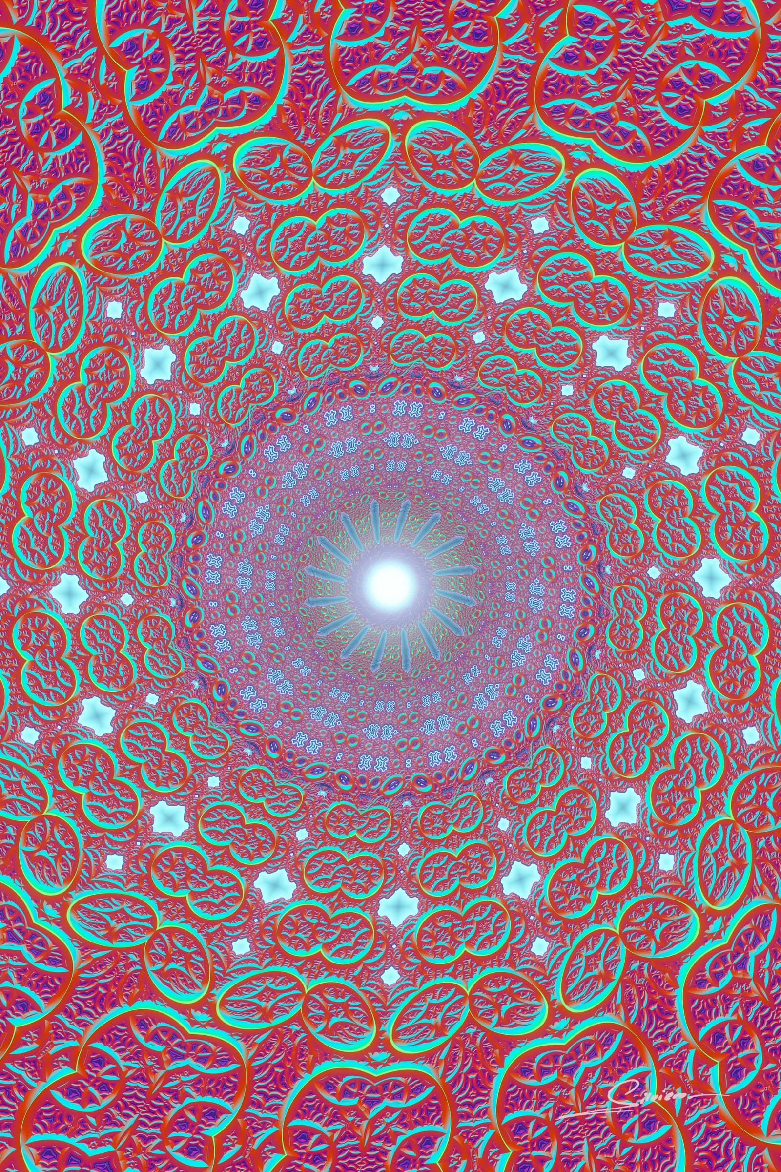 The Center Keeps Opening, from the Infinito series by George Silviero: a symmetrical view into a glowing center, in electric pink, acid yellow and cyan.