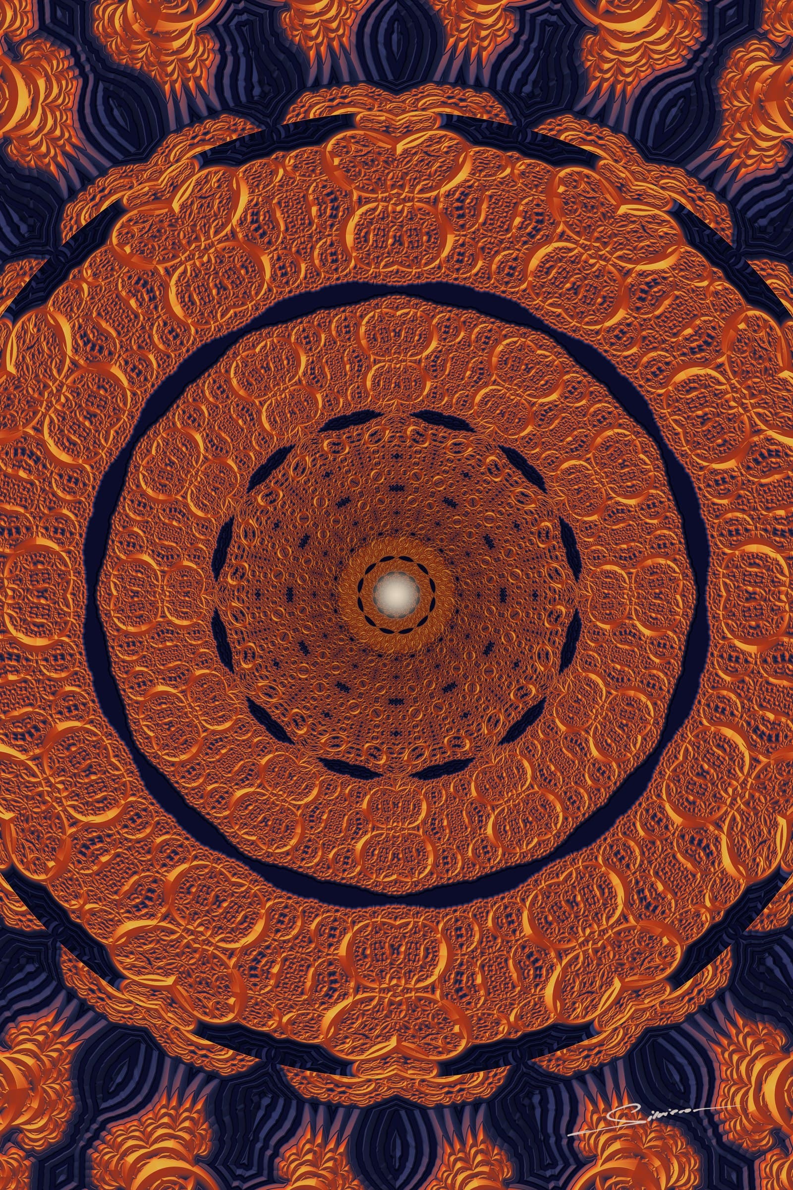 The Dome Dreams, from the Infinito series by George Silviero: a symmetrical view into a glowing center, in saffron, vermilion and azulejo blue.