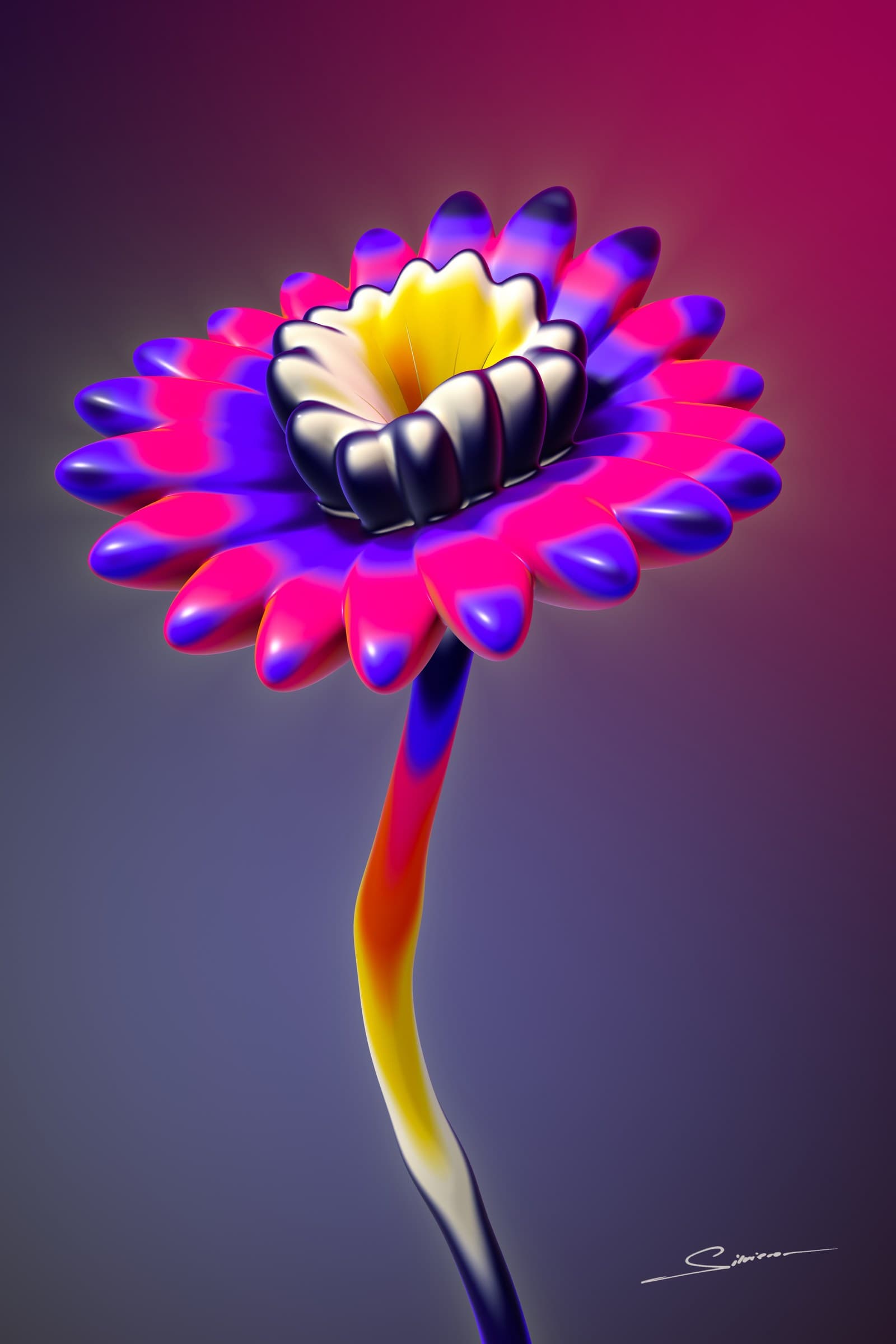 A Flower in No Hurry, from the Líquido series by George Silviero: soft, balloon-like forms in indigo, magenta, orange and yellow, like a heat map on a dark ground that shifts with colour.