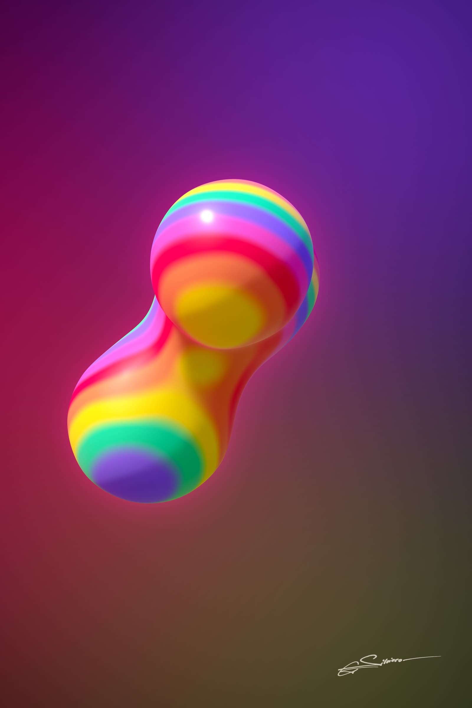 Drops in Love, from the Líquido series by George Silviero: soft, balloon-like forms in bubblegum pink, lilac, mint and lemon on a dark ground that shifts with colour.