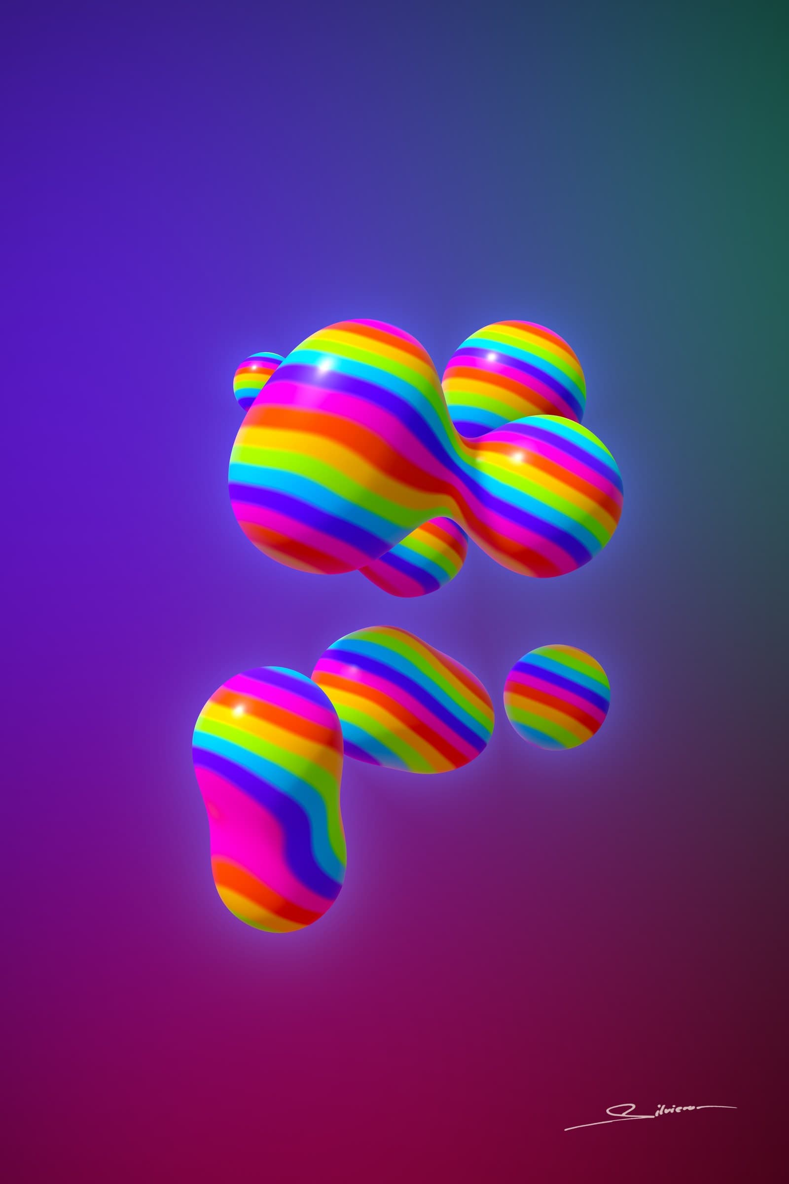 Mercury Afternoon, from the Líquido series by George Silviero: soft, balloon-like forms in magenta, violet, cyan, lime and orange on a dark ground that shifts with colour.