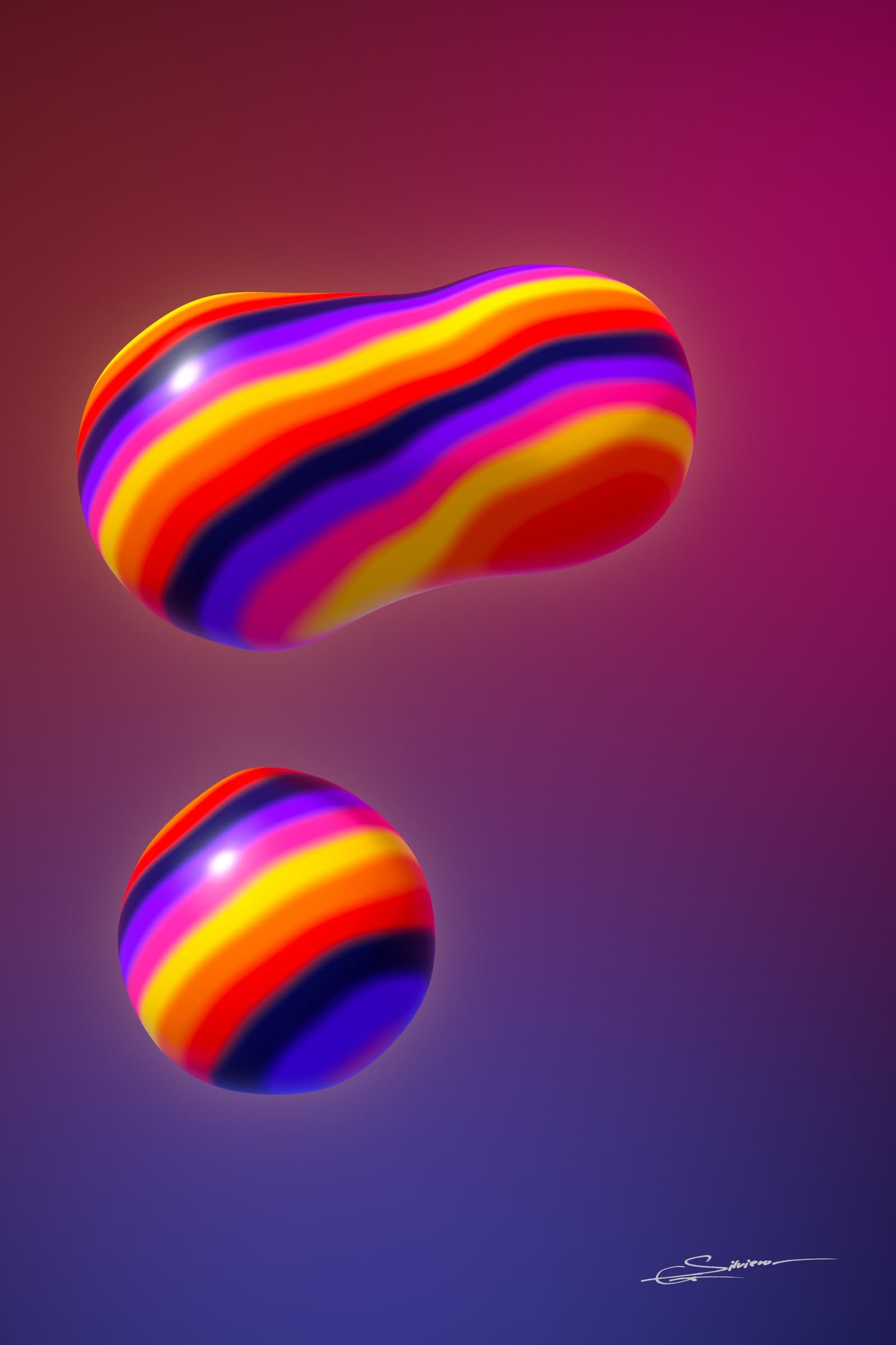 Molten Summer, from the Líquido series by George Silviero: soft, balloon-like forms in red, orange, gold, pink and purple on a dark ground that shifts with colour.