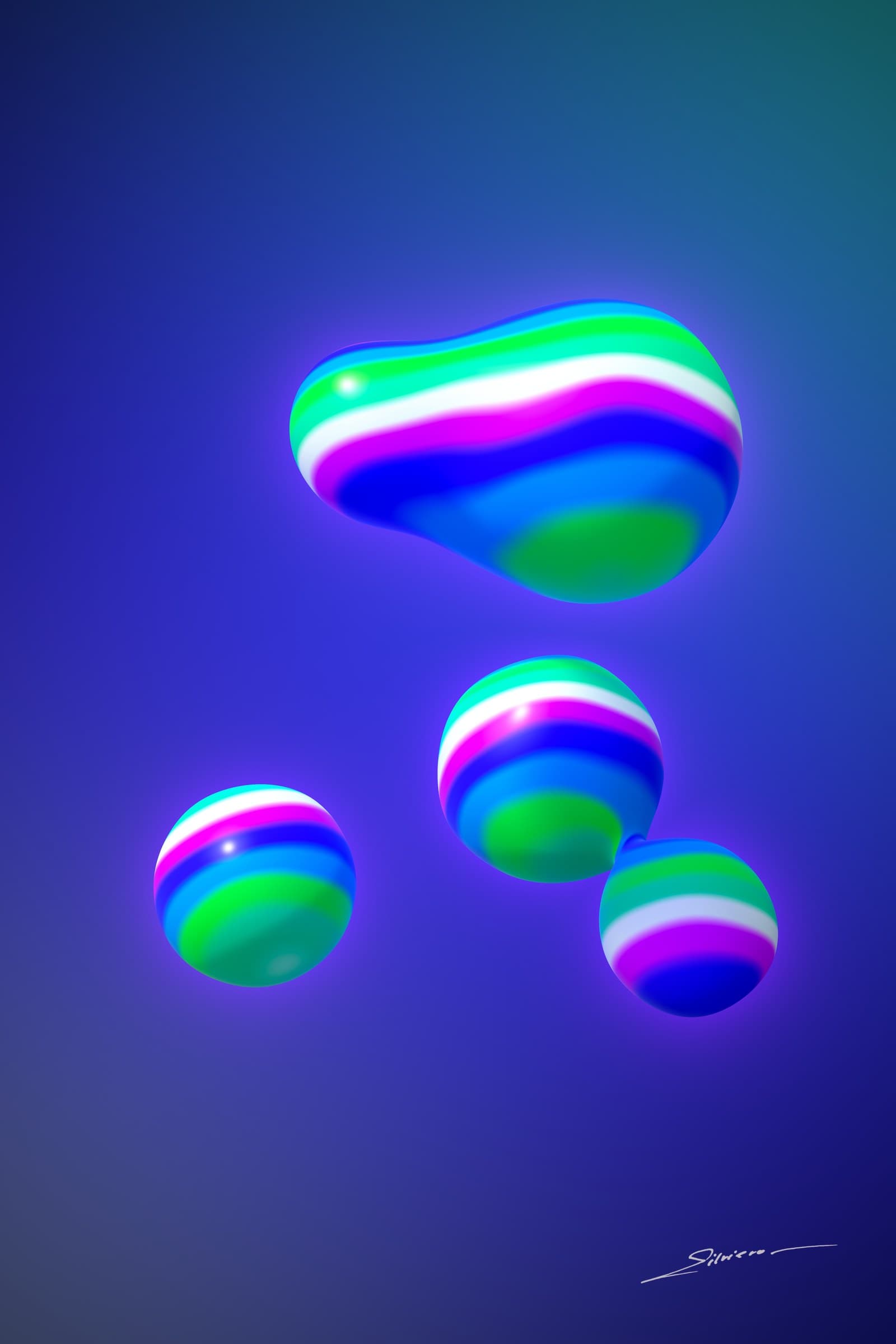 Rain Before It Falls, from the Líquido series by George Silviero: soft, balloon-like forms in aqua, green, ultramarine and magenta on a dark ground that shifts with colour.
