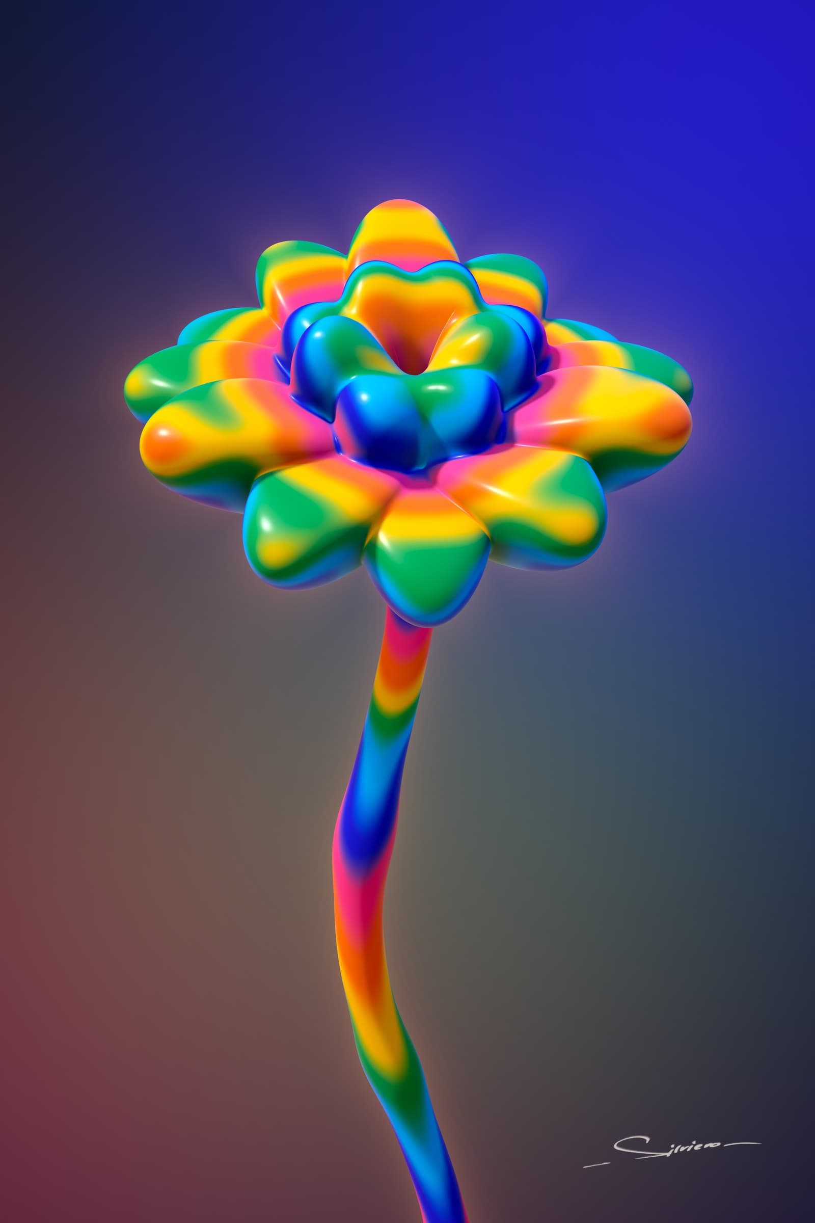 Slow Bloom, from the Líquido series by George Silviero: soft, balloon-like forms in flamingo pink, papaya, mango and lagoon blue on a dark ground that shifts with colour.