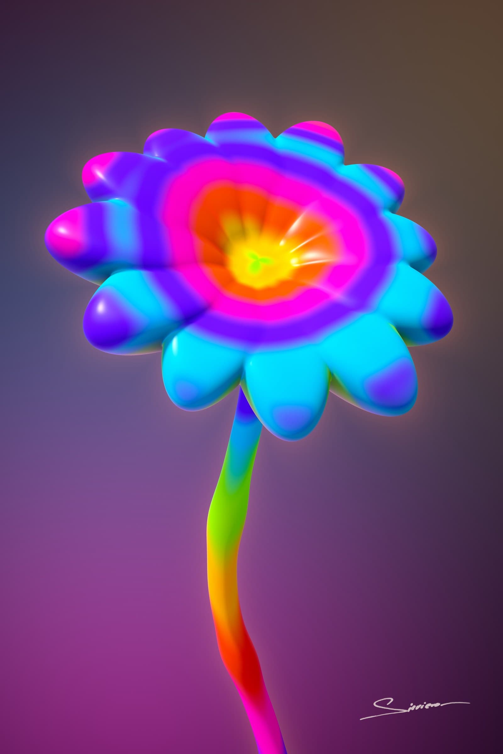 The Flower That Breathes, from the Líquido series by George Silviero: soft, balloon-like forms in magenta, violet, cyan, lime and orange on a dark ground that shifts with colour.