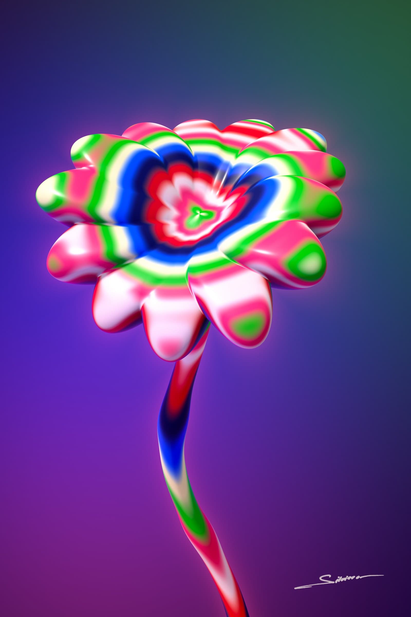 The Last Flower of August, from the Líquido series by George Silviero: soft, balloon-like forms in hot pink, cherry, electric blue and acid green on a dark ground that shifts with colour.