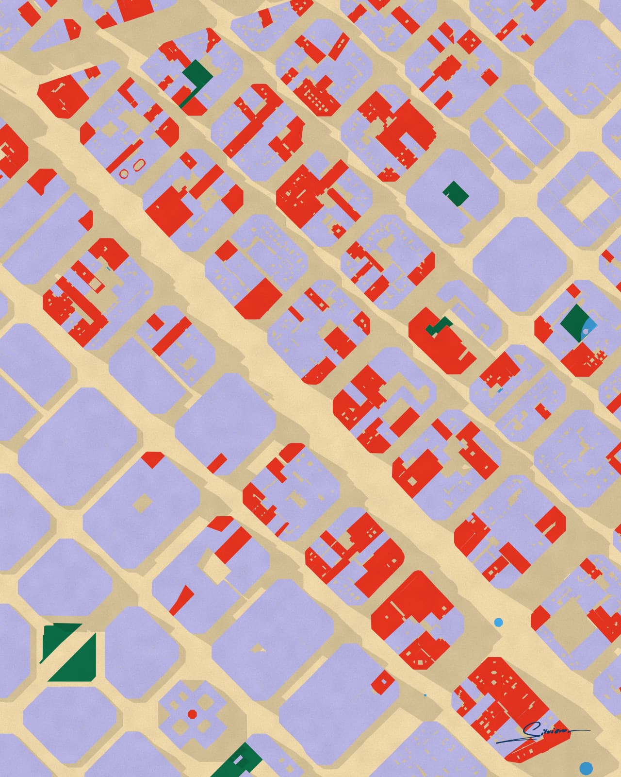 The octagonal blocks of the Eixample in Barcelona, lavender and red