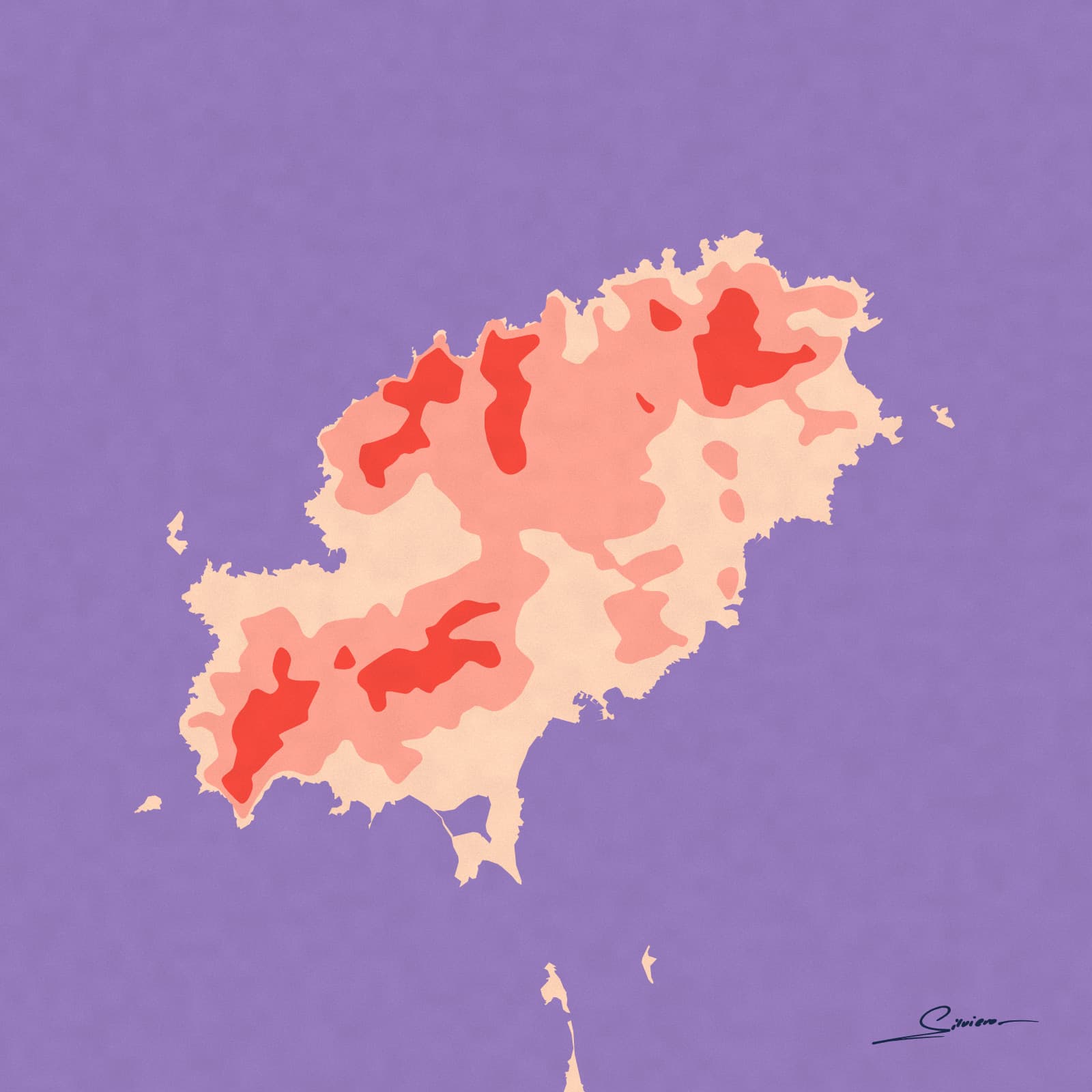 The island of Ibiza in shades of rose on a lavender sea