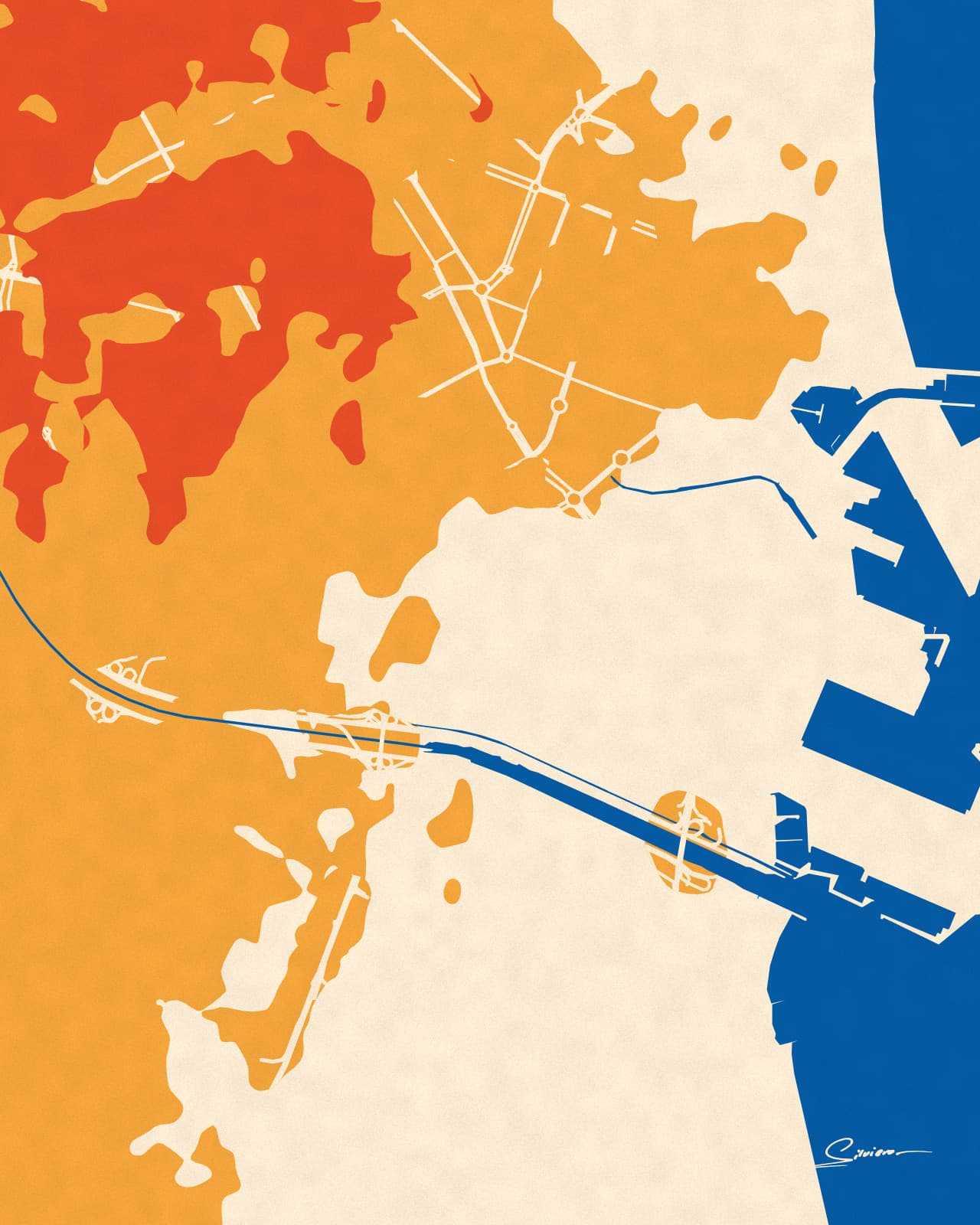 The Valencian coast and port in deep blue, the land in bands of orange, mustard and cream