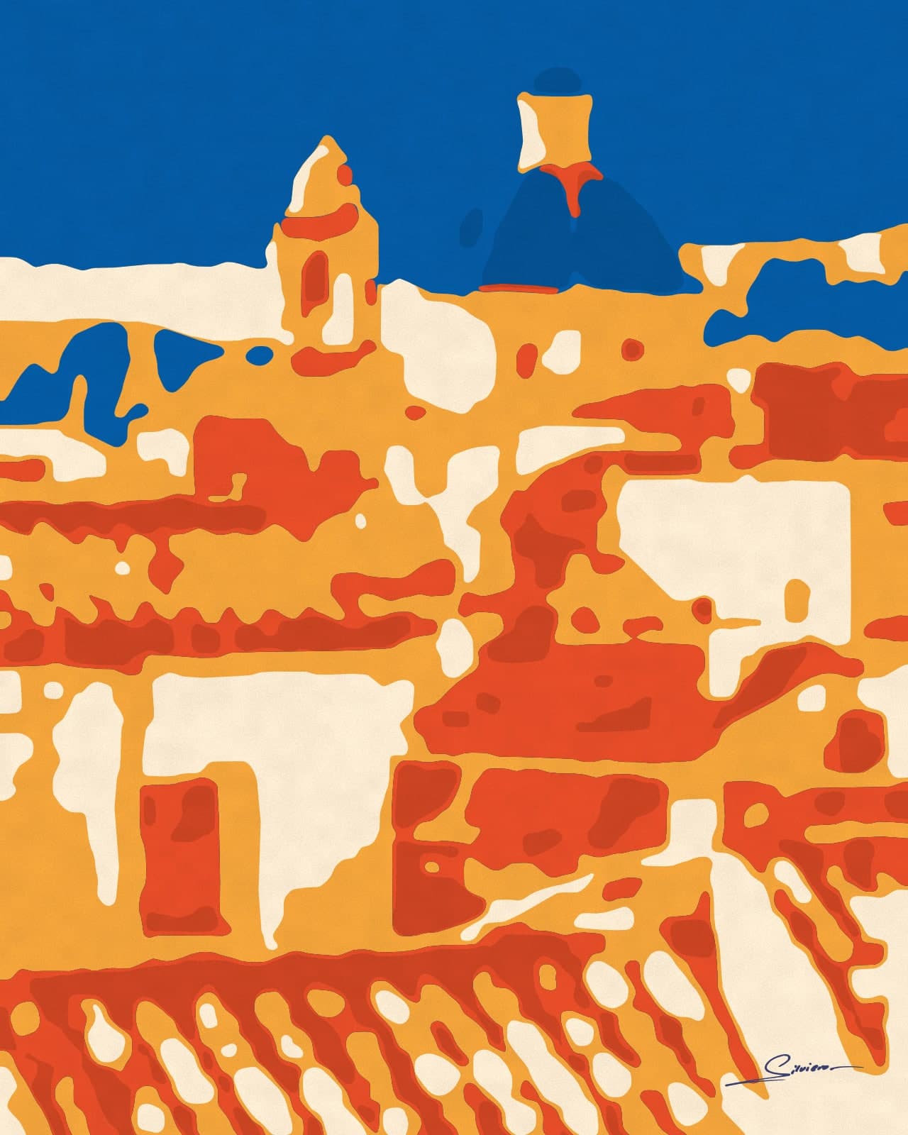Painting of terracotta rooftops and a blue-tiled church dome