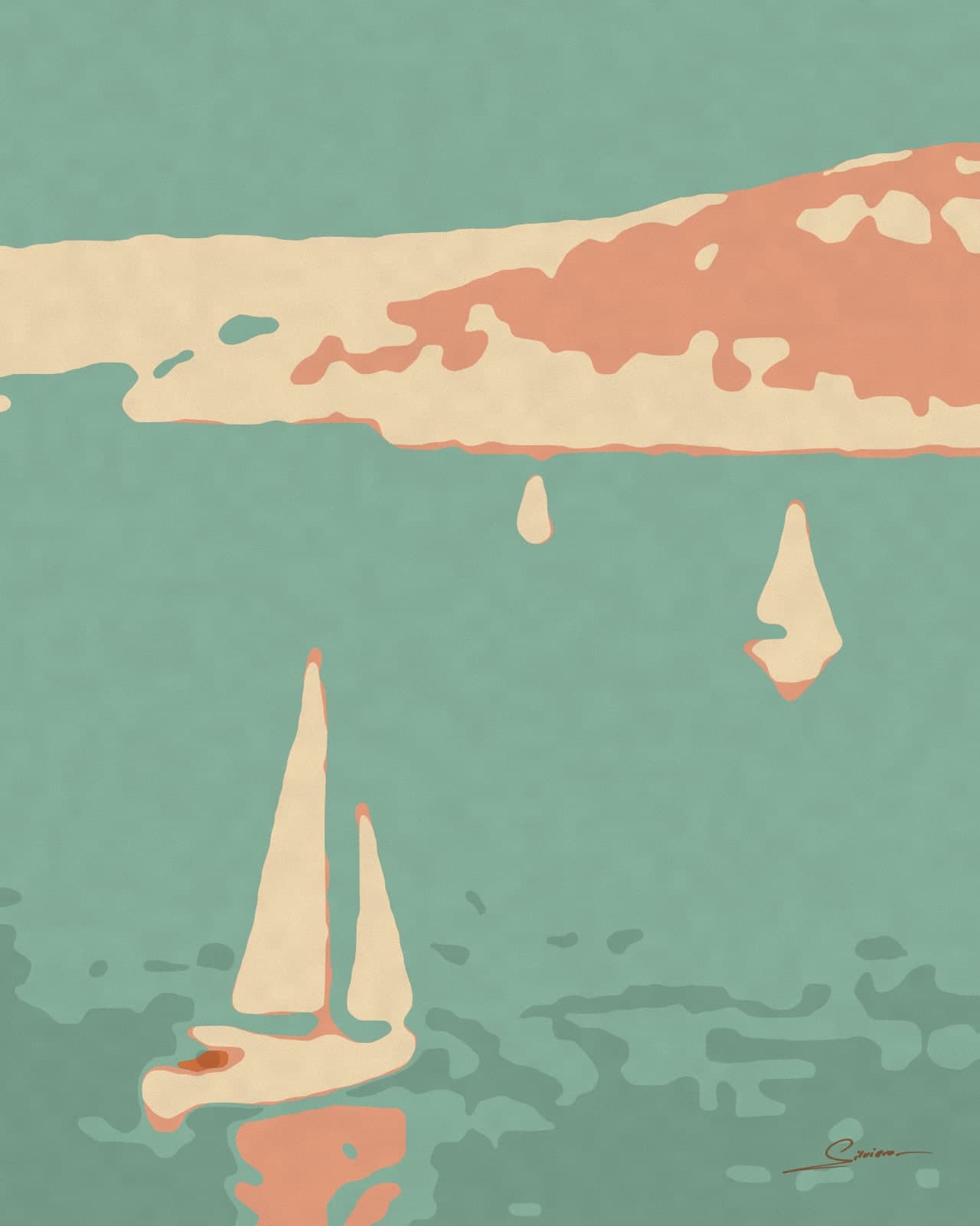 Painting of three sailboats on a calm sea