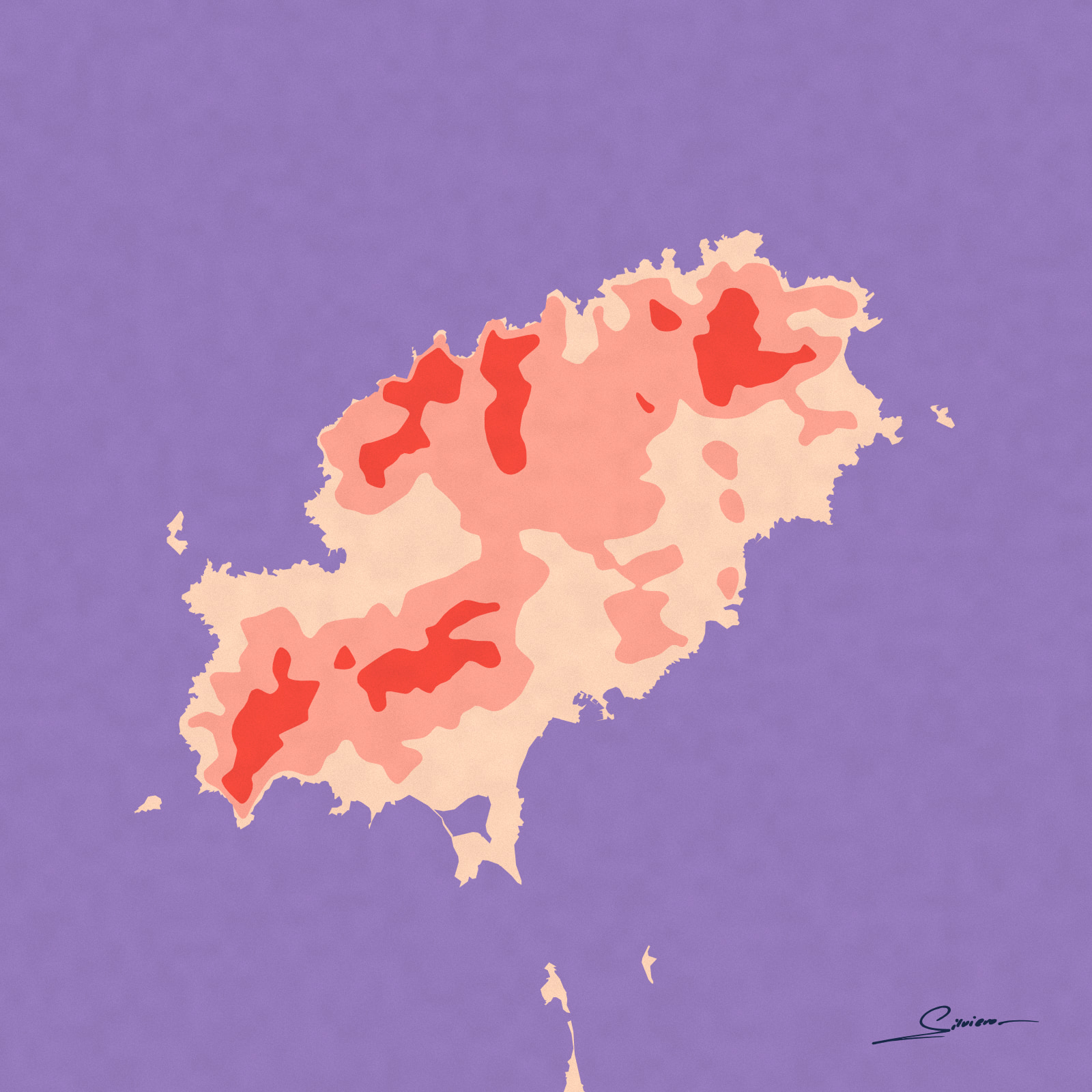 The island of Ibiza in shades of rose on a lavender sea