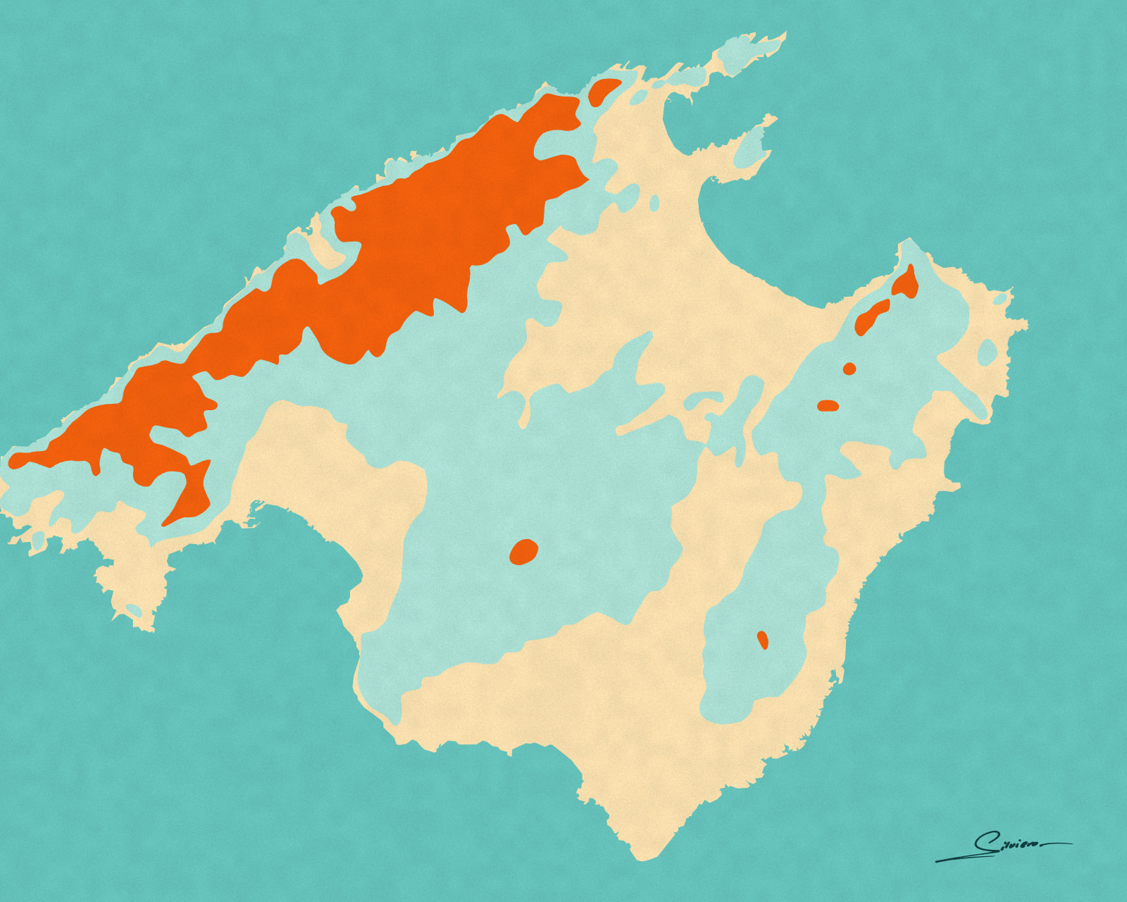 The island of Mallorca in a turquoise sea, the Tramuntana mountains in orange
