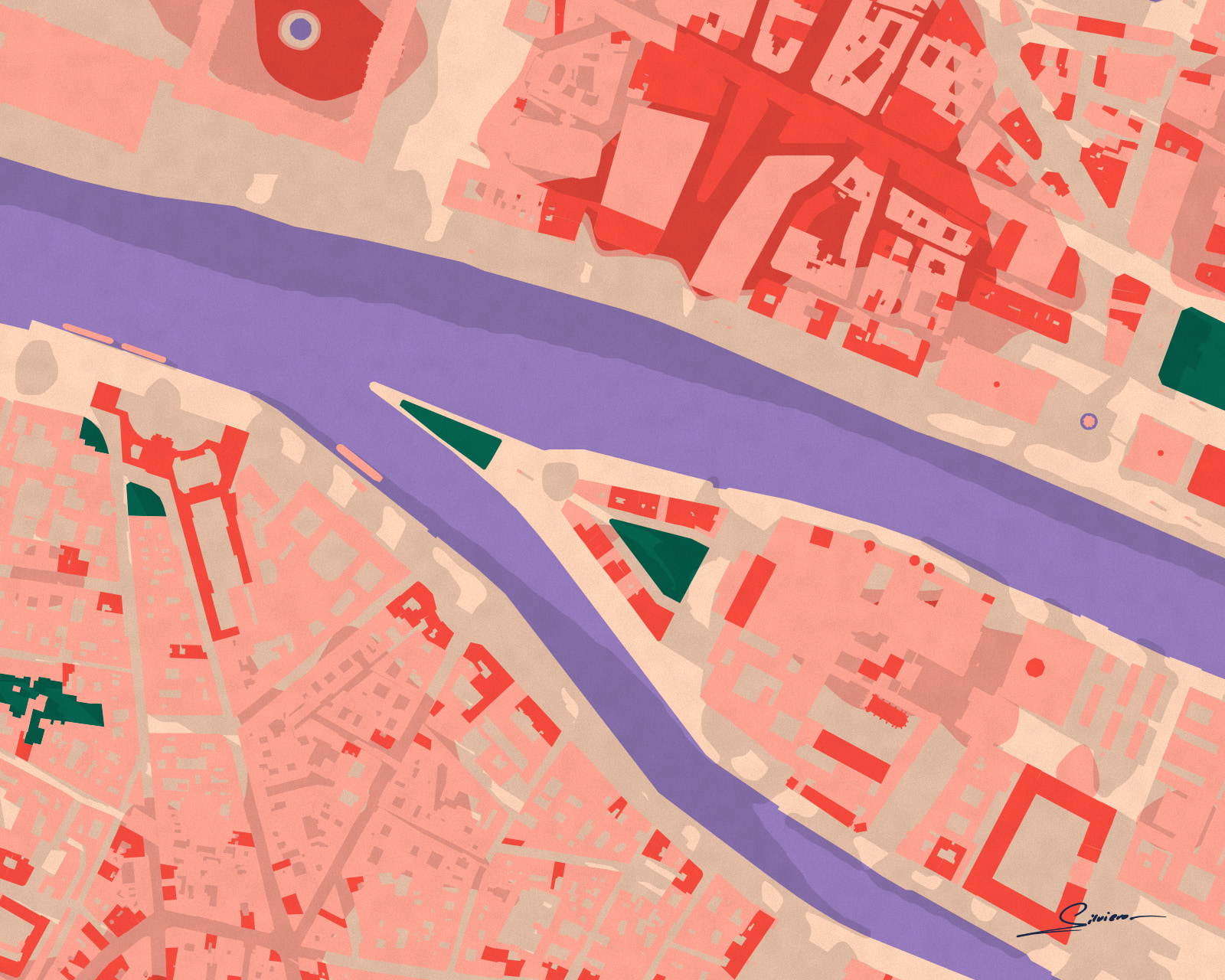 The Seine through the centre of Paris, lavender water between rose buildings
