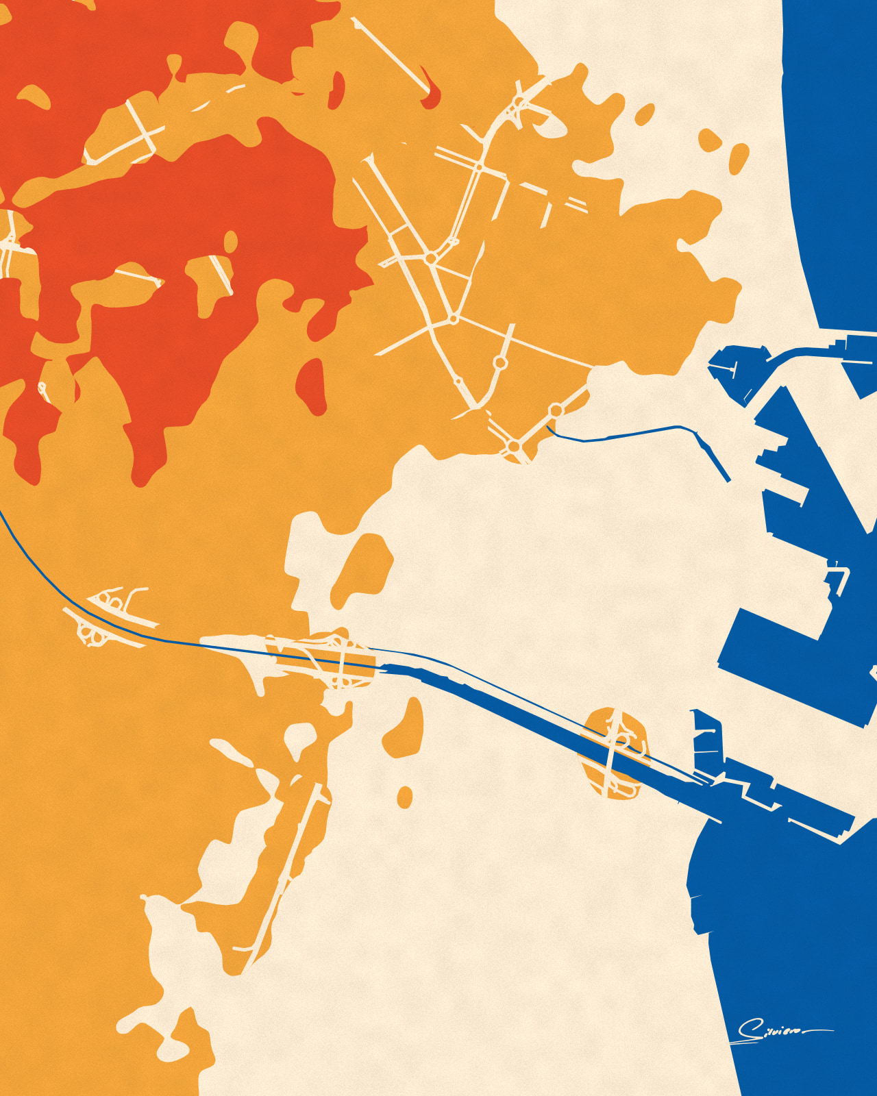 The Valencian coast and port in deep blue, the land in bands of orange, mustard and cream