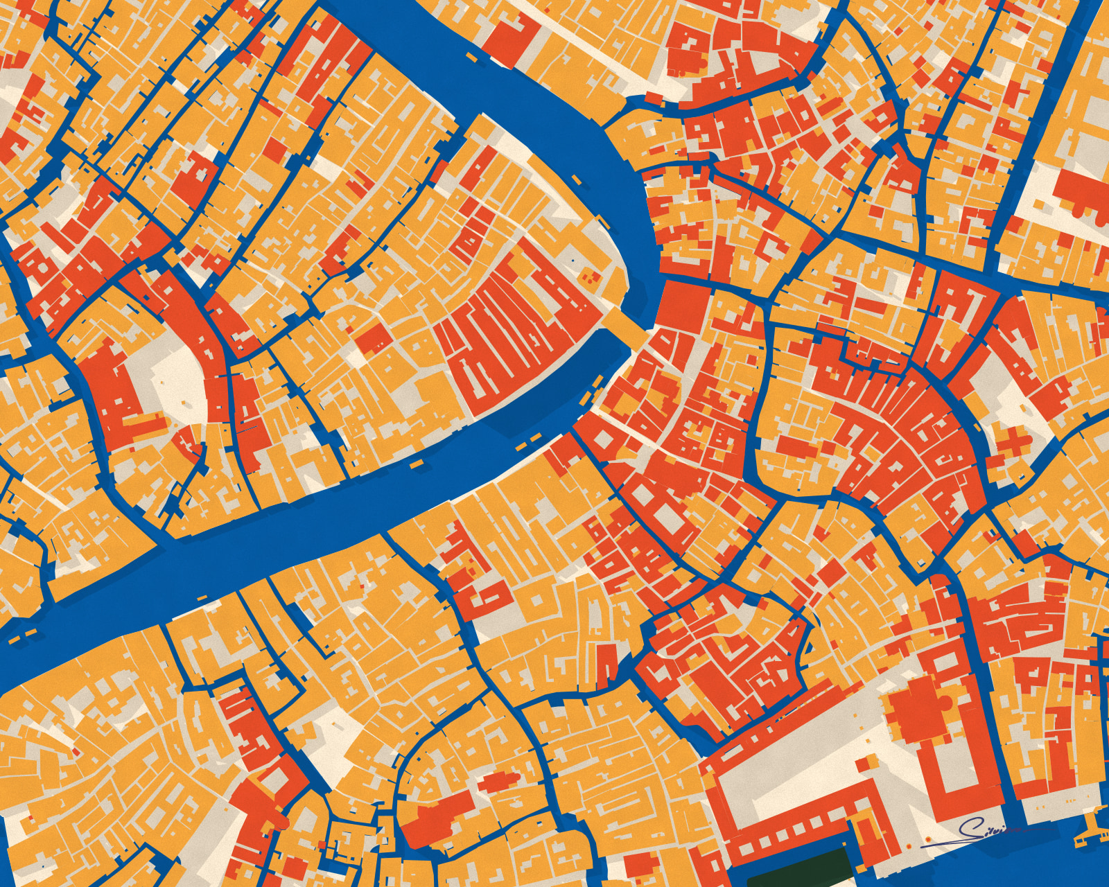 The canals of Venice in cobalt between mustard and red buildings