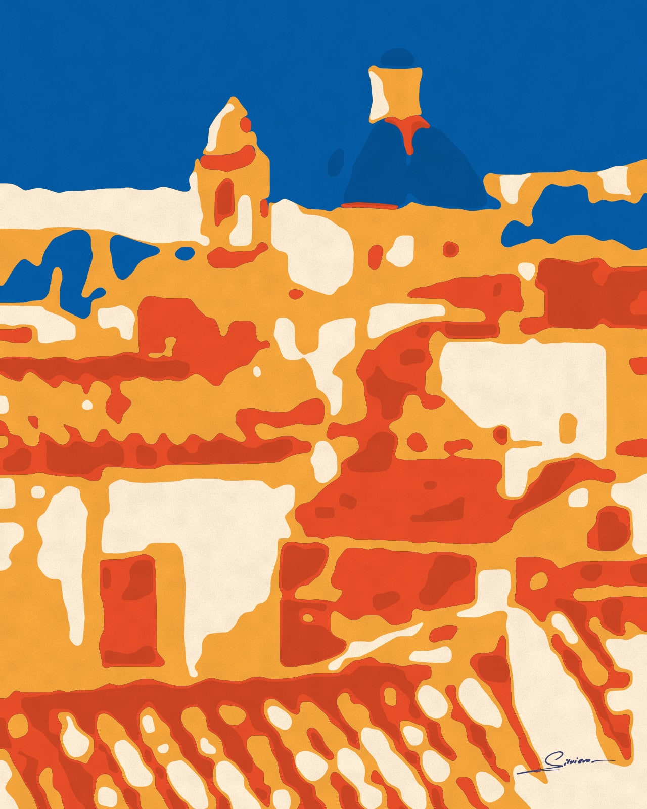Painting of terracotta rooftops and a blue-tiled church dome